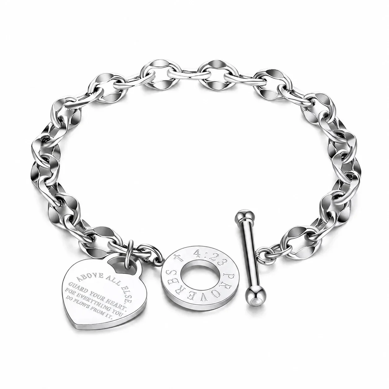 Vintage 18K Gold-Plated Heart Charm Toggle Bracelet - Silver