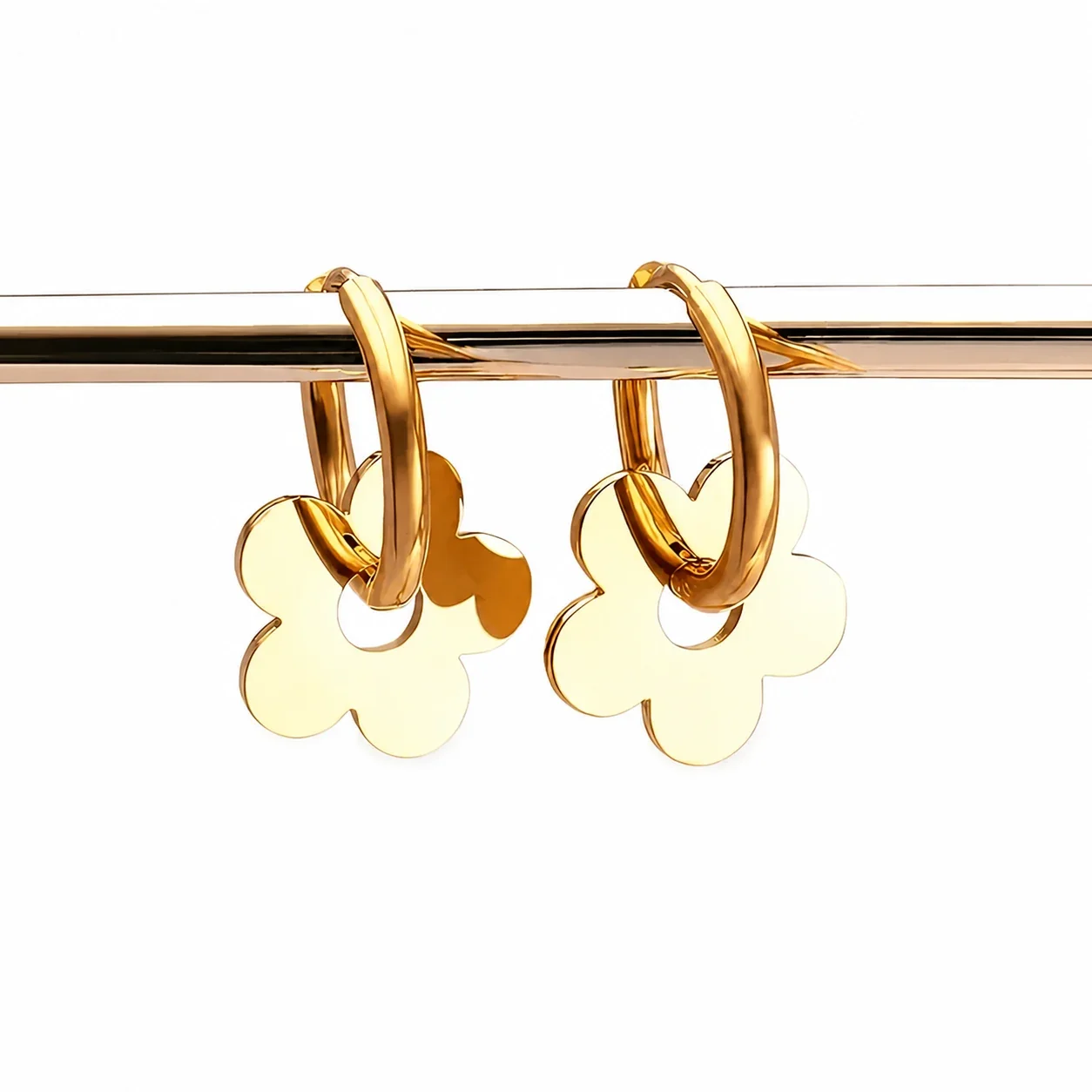 Hoop Earrings with Open Daisy Charm 316 Stainless Steel PVD