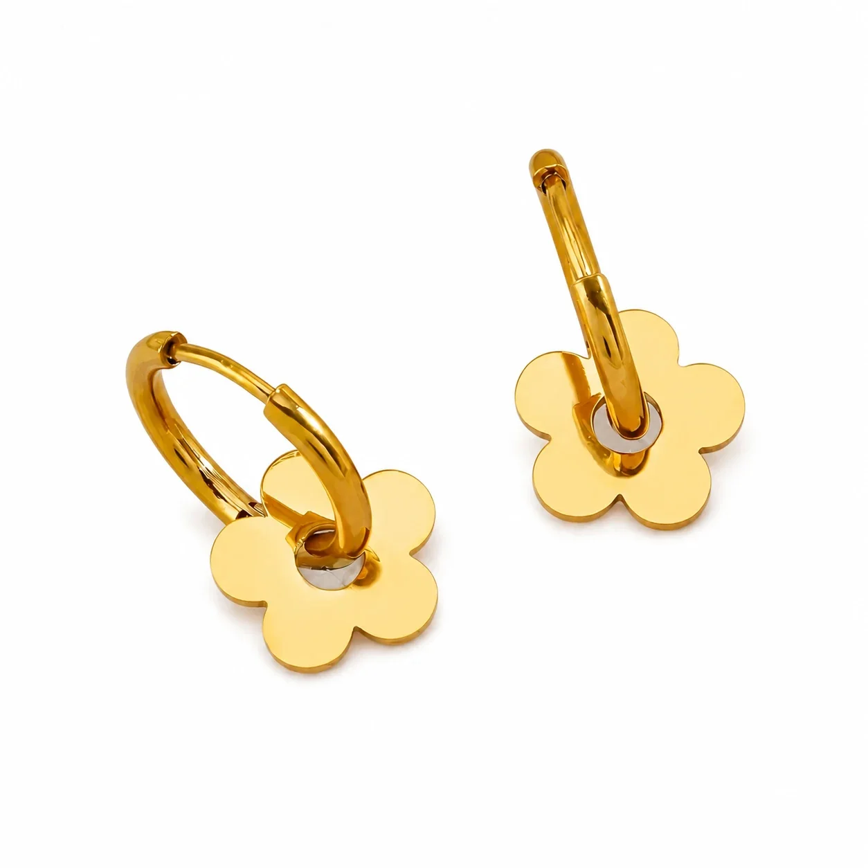 Hoop Earrings with Open Daisy Charm 316 Stainless Steel PVD - Gold Open Daisy