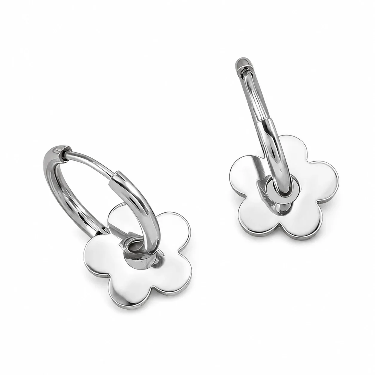 Hoop Earrings with Open Daisy Charm 316 Stainless Steel PVD - Silver Open Daisy