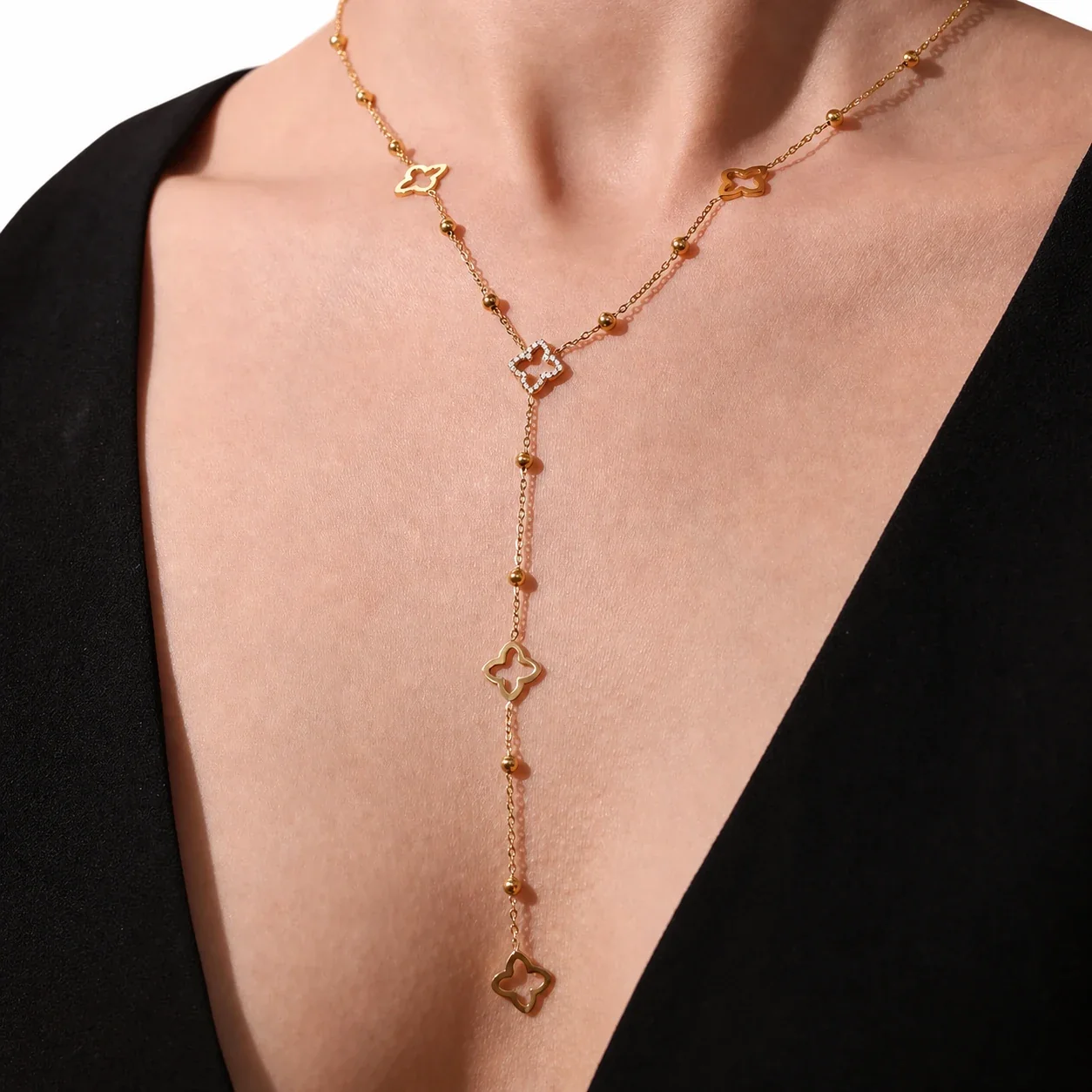 Refined Stainless Steel Clover Bead Y-Drop Necklace