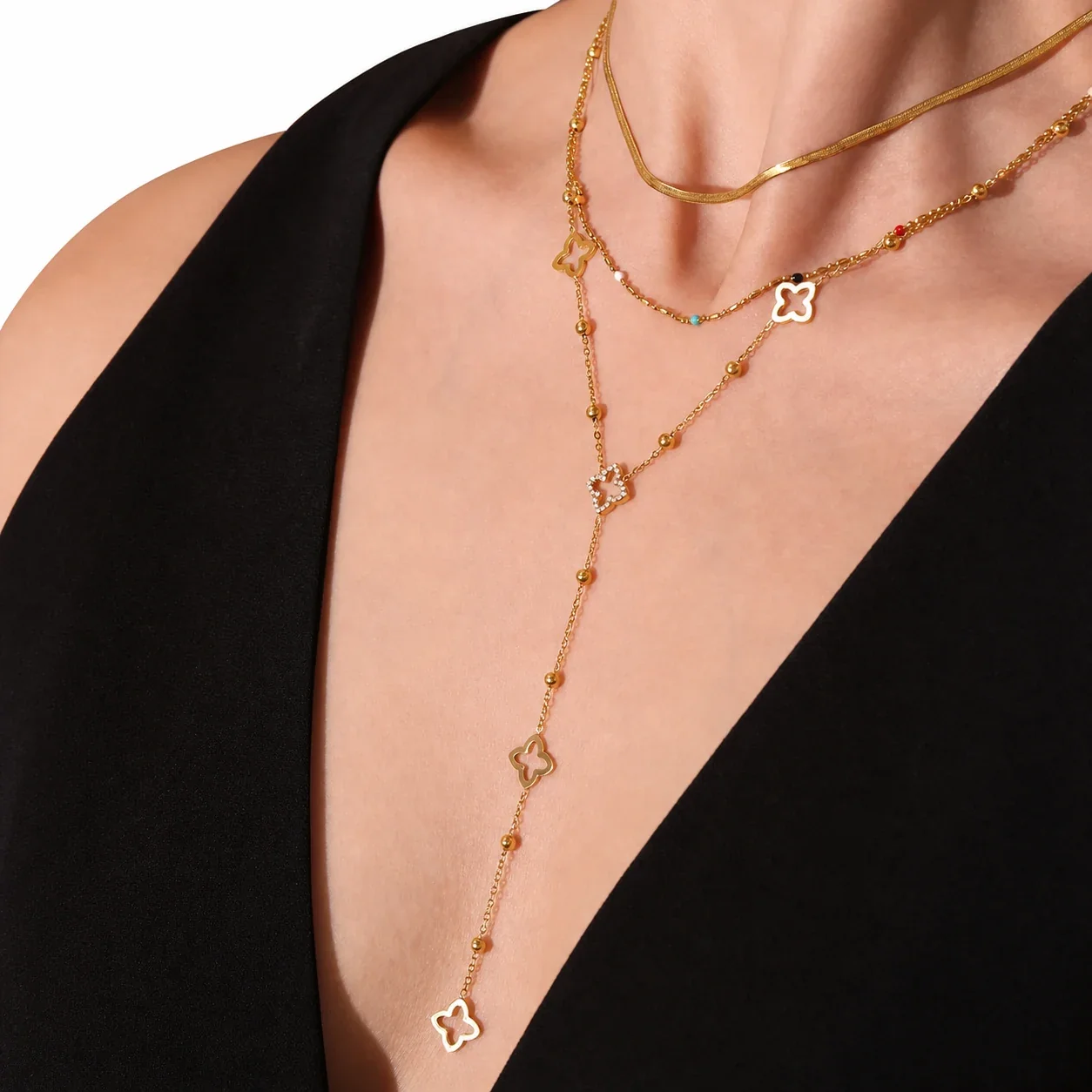 Refined Stainless Steel Clover Bead Y-Drop Necklace