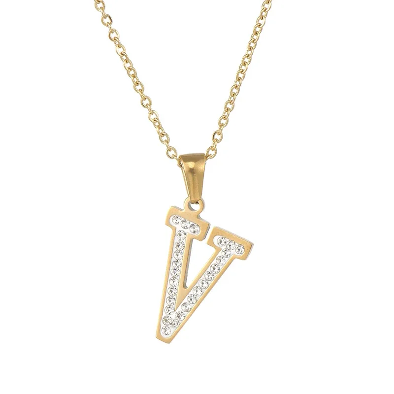 Sparkling Gold-Plated Pavé Letter Pendant Necklace - V