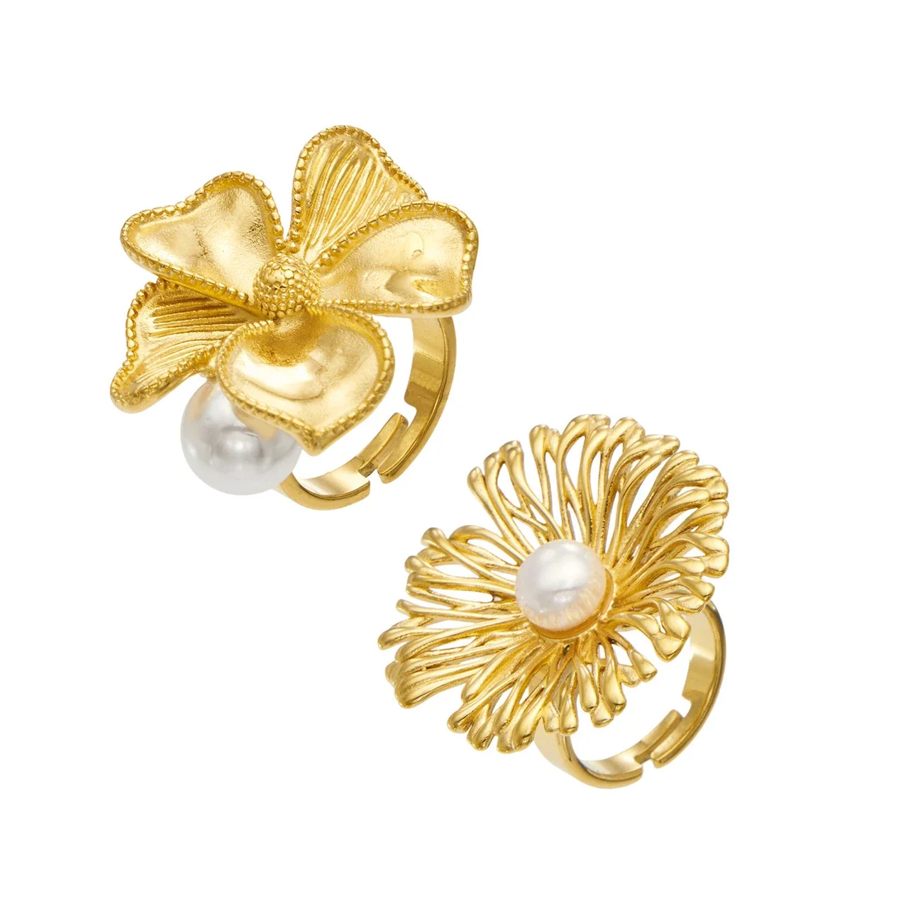Ring: Open Textured Flower Shell Pearl Stainless Steel