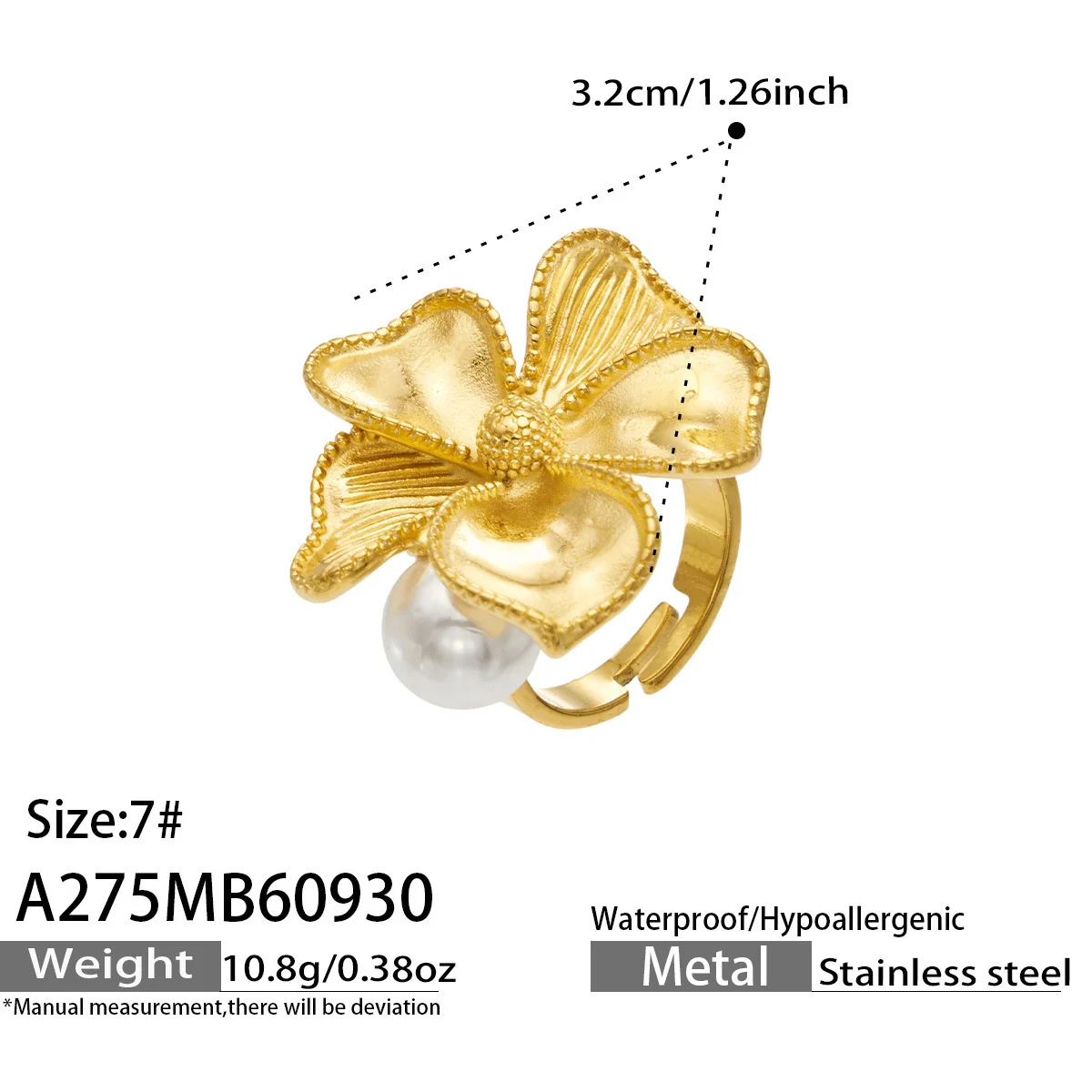 Foto del producto: Anillo: Flor Texturizada Abierta con Perla de Concha de Acero Inoxidable