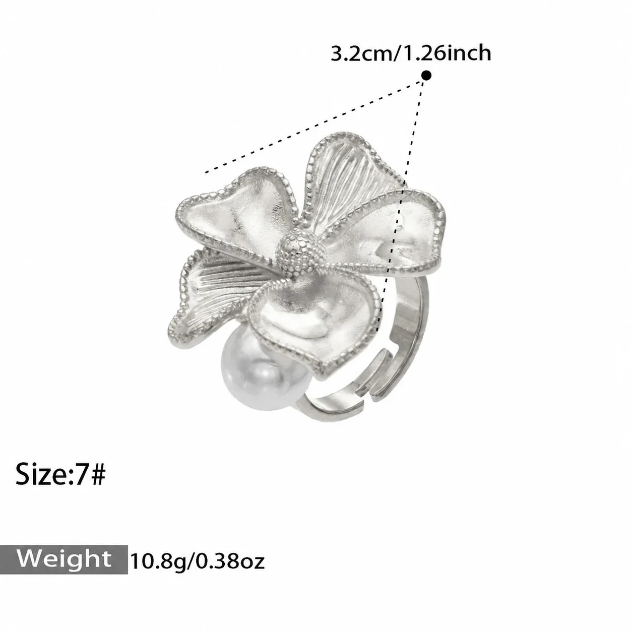 Foto del producto: Anillo: Flor Texturizada Abierta con Perla de Concha de Acero Inoxidable