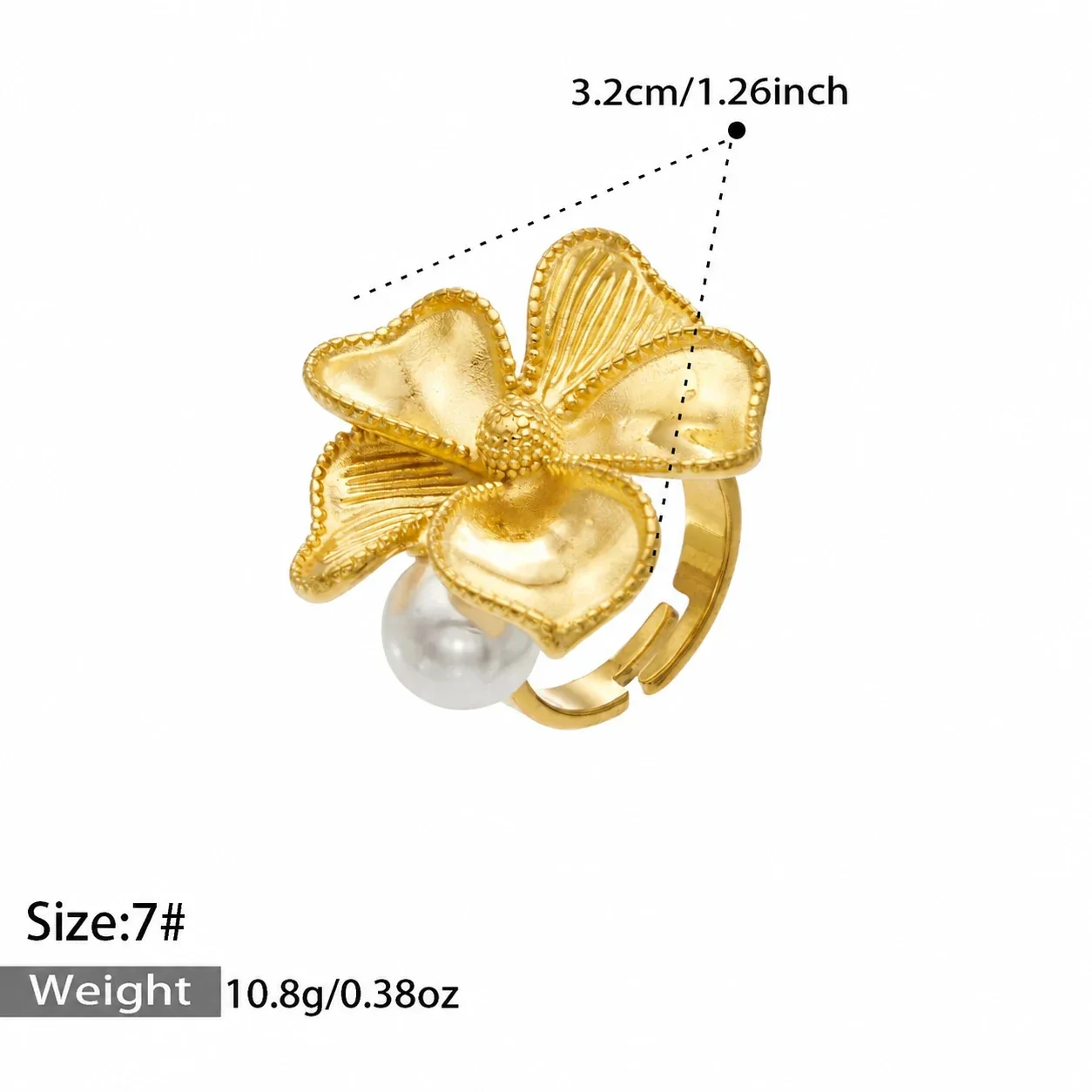 Foto del producto: Anillo: Flor Texturizada Abierta con Perla de Concha de Acero Inoxidable