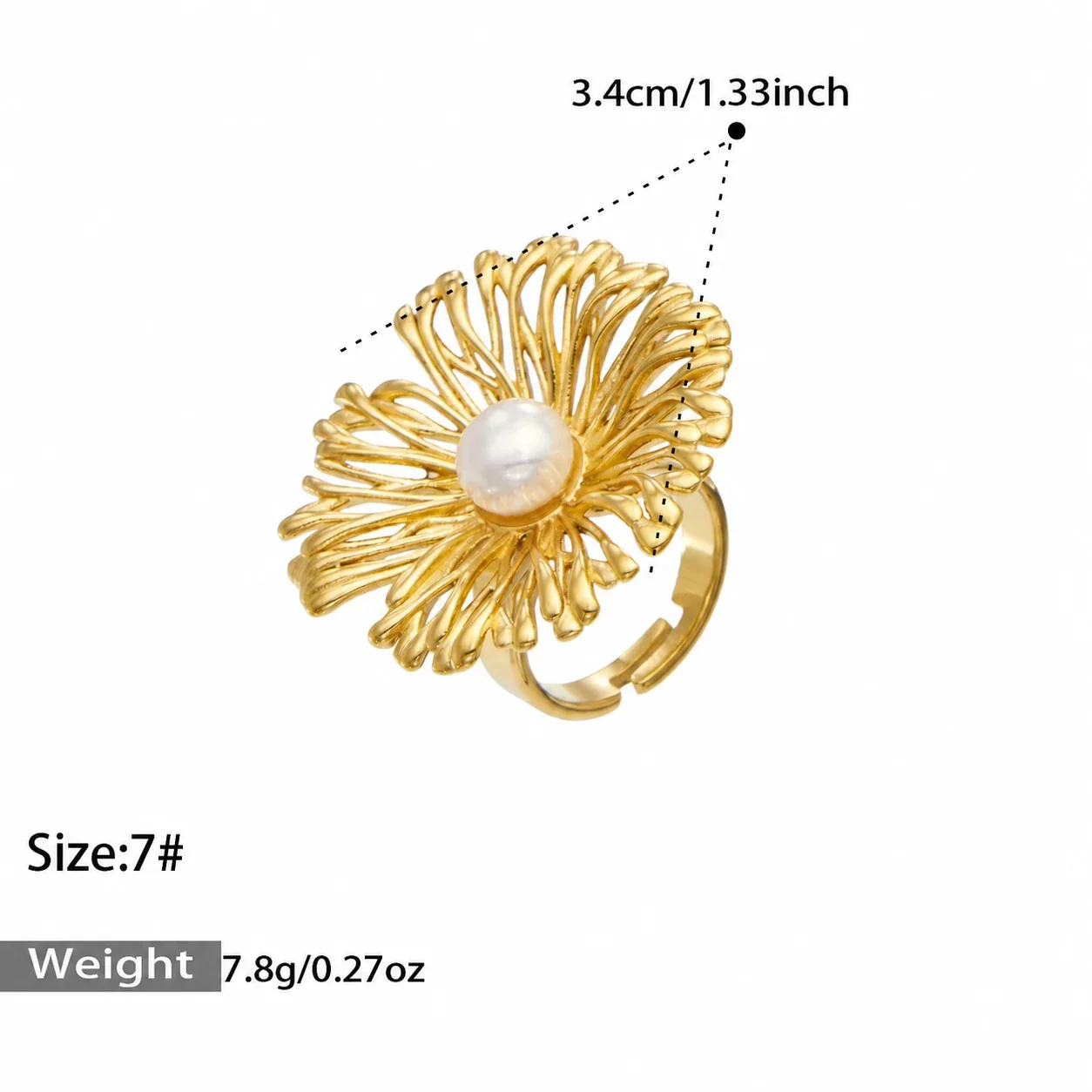Foto del producto: Anillo: Flor Texturizada Abierta con Perla de Concha de Acero Inoxidable