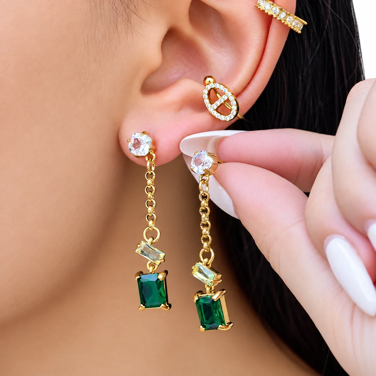 Emerald-Cut CZ-kettinghangers, verguld roestvrij staal productfoto