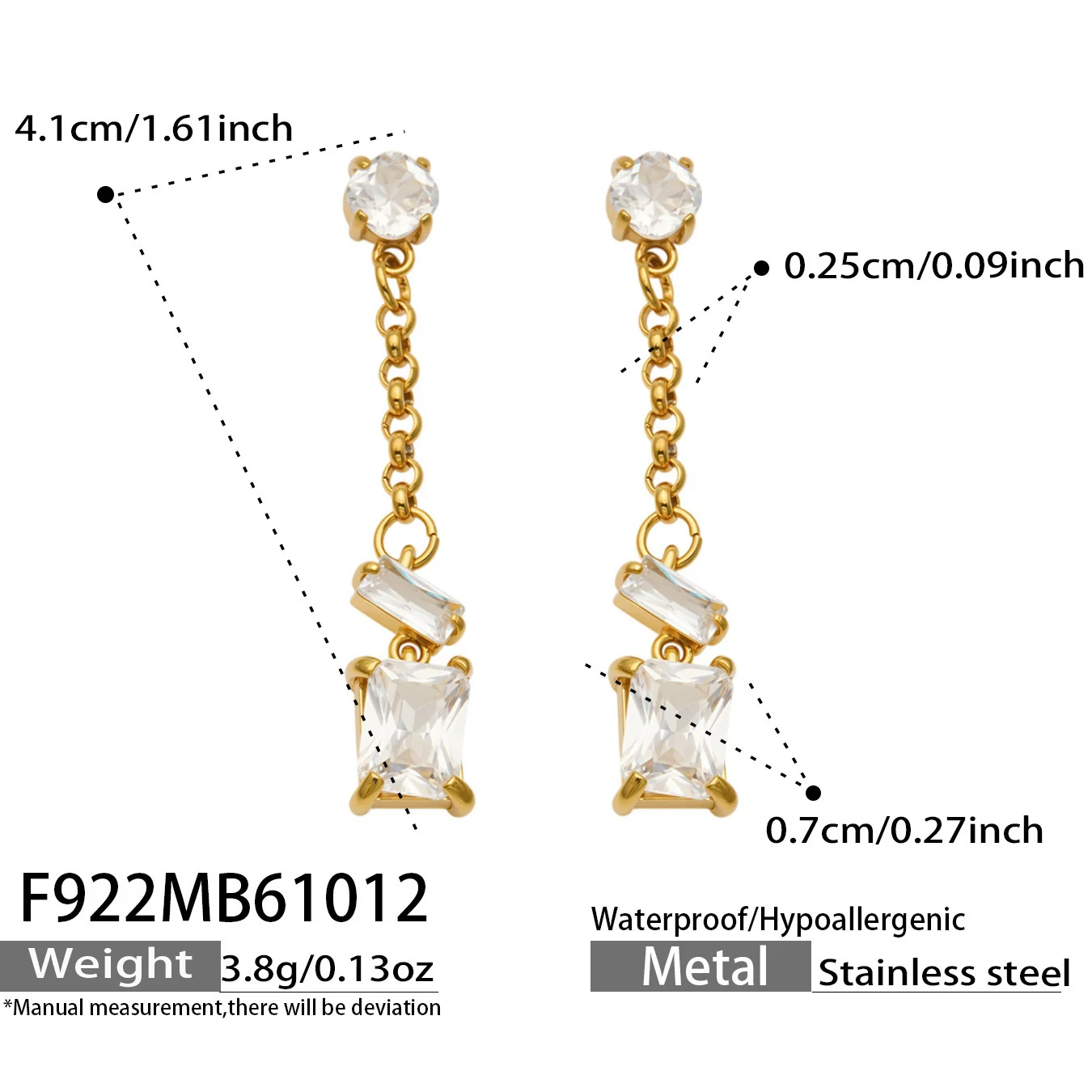 Emerald-Cut CZ-kettinghangers, verguld roestvrij staal productfoto