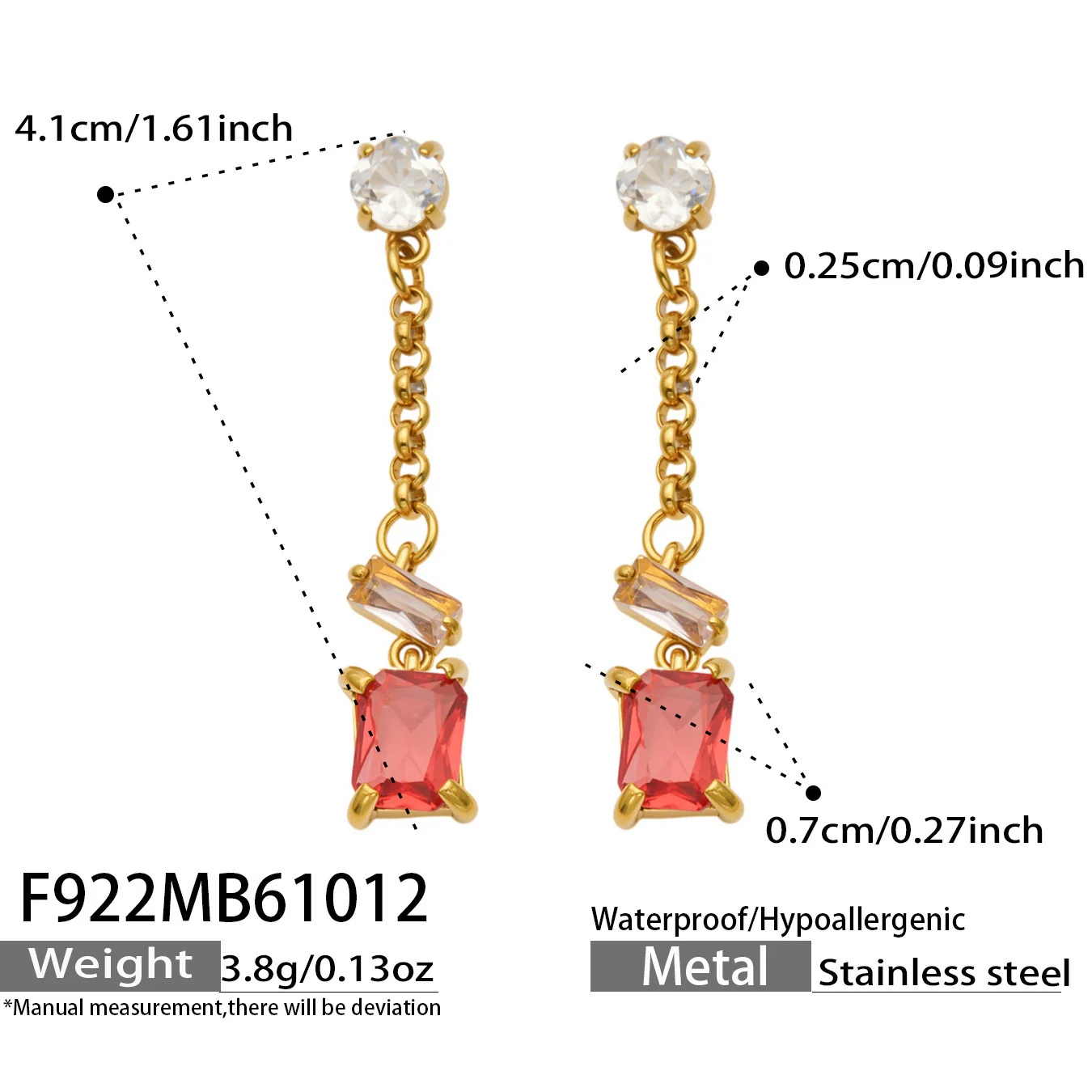 Emerald-Cut CZ-kettinghangers, verguld roestvrij staal productfoto