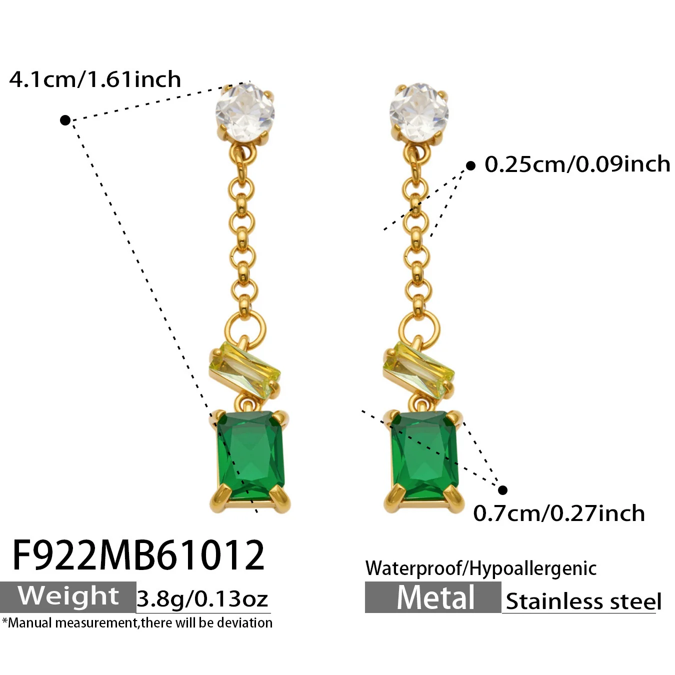 Emerald-Cut CZ-kettinghangers, verguld roestvrij staal productfoto