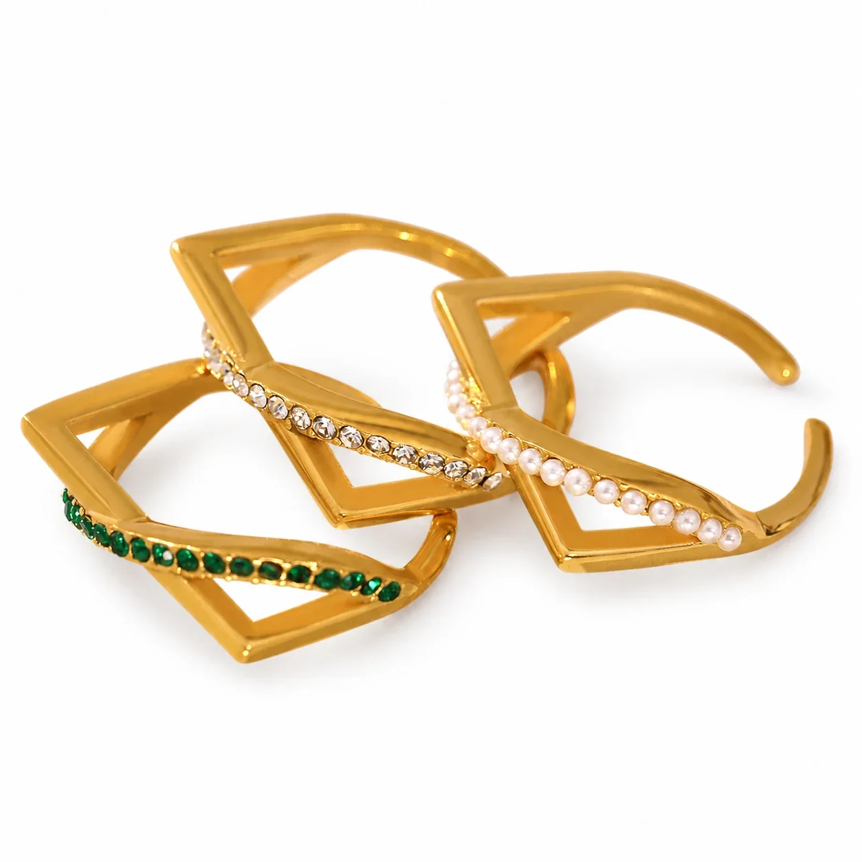 Geometric Gold-Plated Stainless Steel Pearl-Effect Open Ring