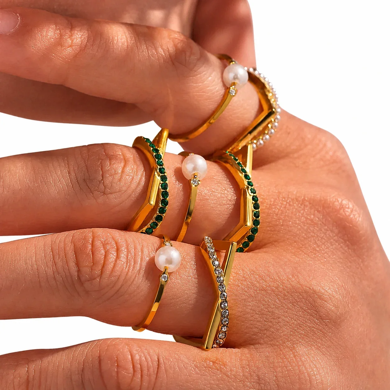 Geometric Gold-Plated Stainless Steel Pearl-Effect Open Ring