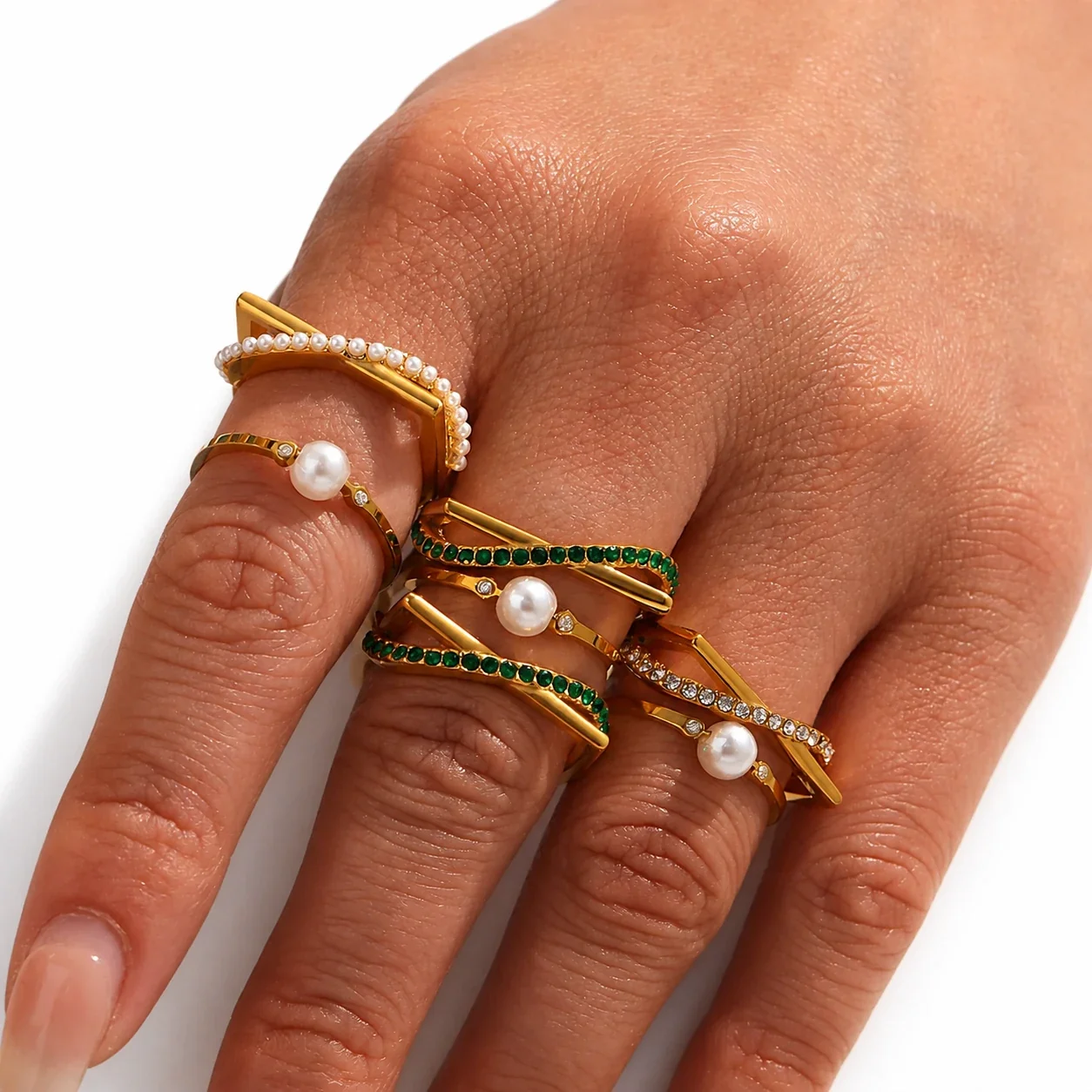 Geometric Gold-Plated Stainless Steel Pearl-Effect Open Ring