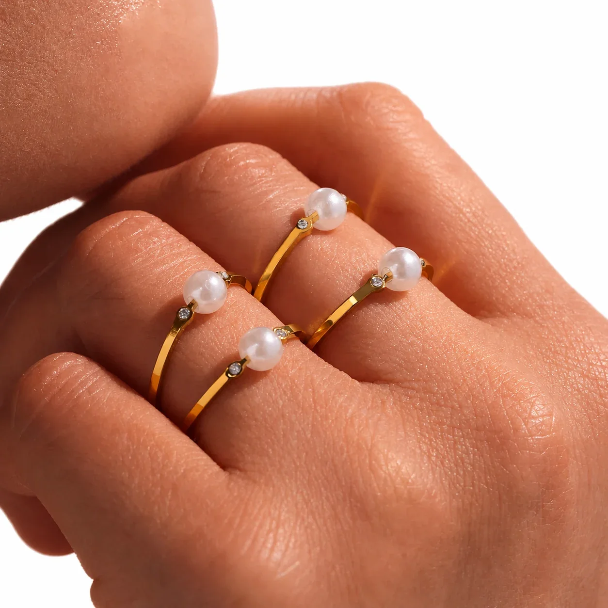 Geometric Gold-Plated Stainless Steel Pearl-Effect Open Ring