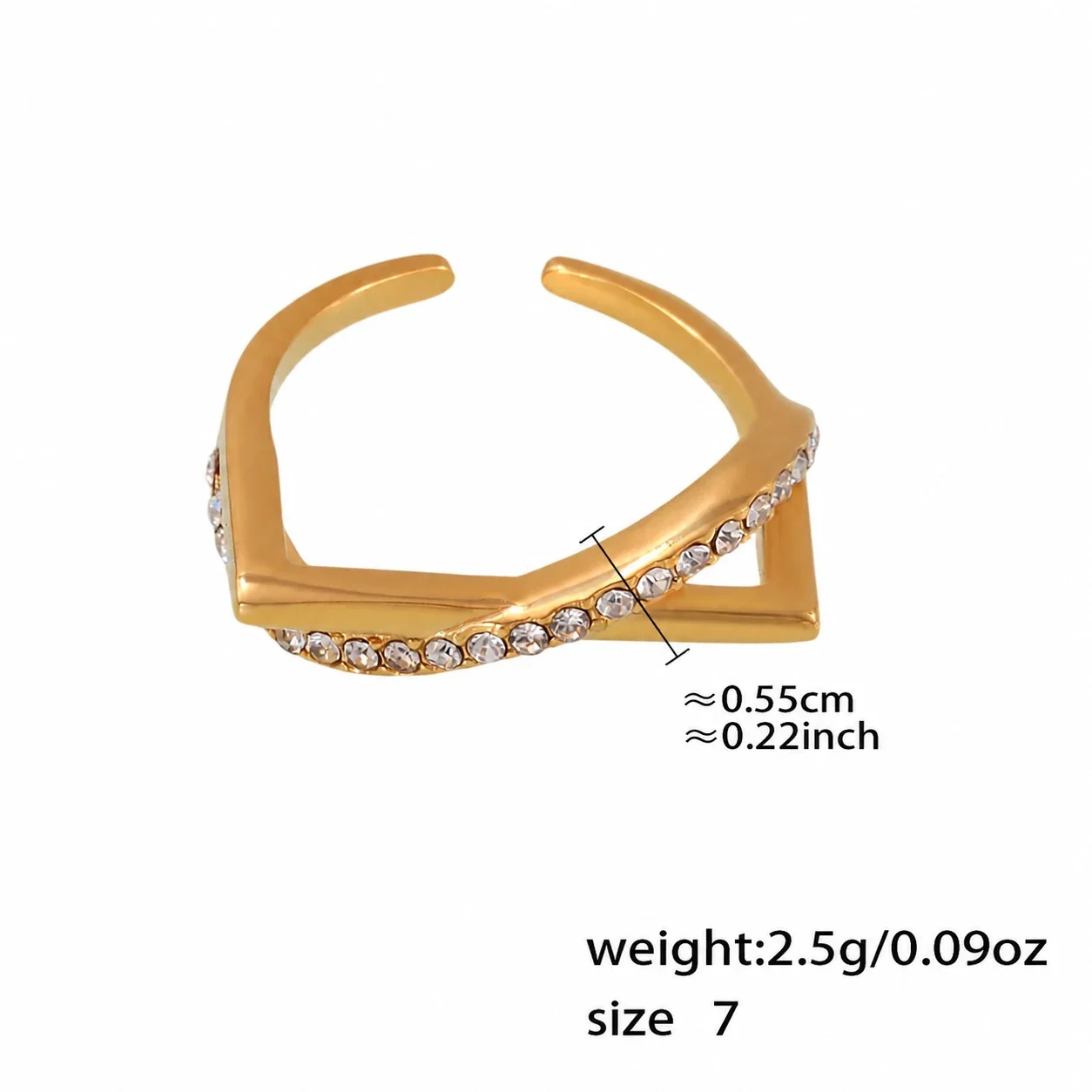 Geometric Gold-Plated Stainless Steel Pearl-Effect Open Ring - Gold Clear Crystal