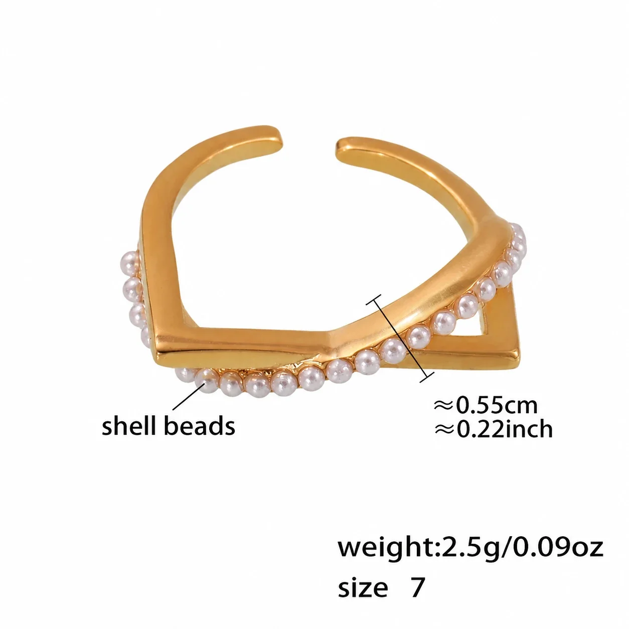 Geometric Gold-Plated Stainless Steel Pearl-Effect Open Ring - Gold Shell Pearl