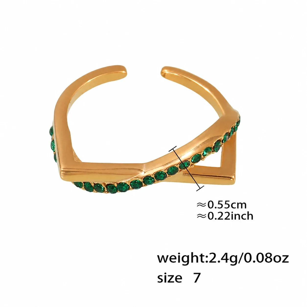Geometric Gold-Plated Stainless Steel Pearl-Effect Open Ring - Gold Emerald-Green Crystal