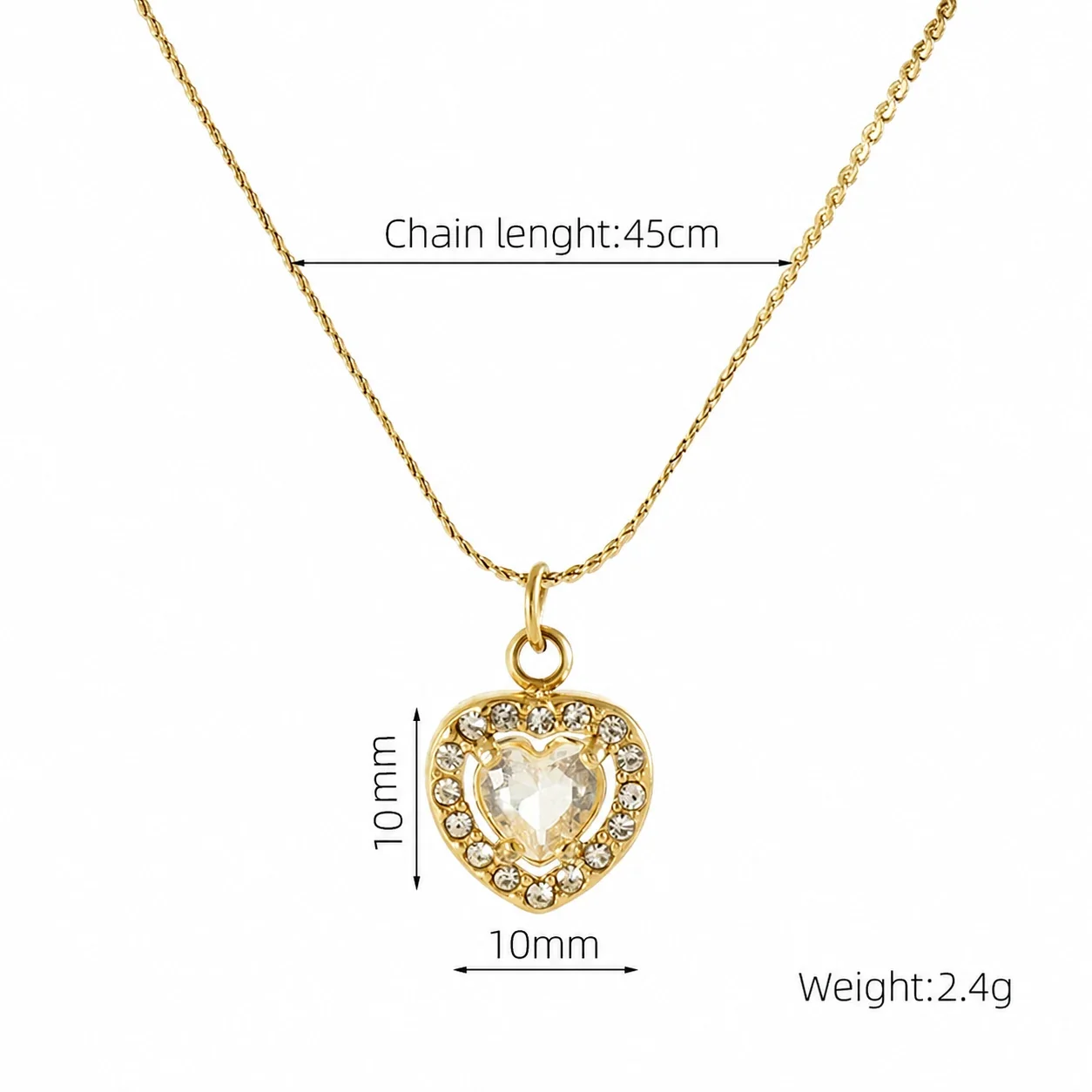 Refined 18K Gold PVD CZ Halo Charm Pendant Necklace - Gold Heart Clear CZ