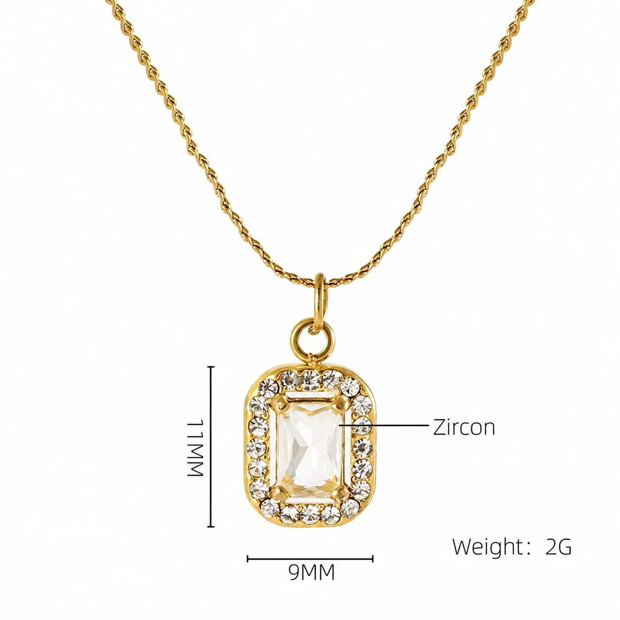 Refined 18K Gold PVD CZ Halo Charm Pendant Necklace - Gold Square Clear CZ