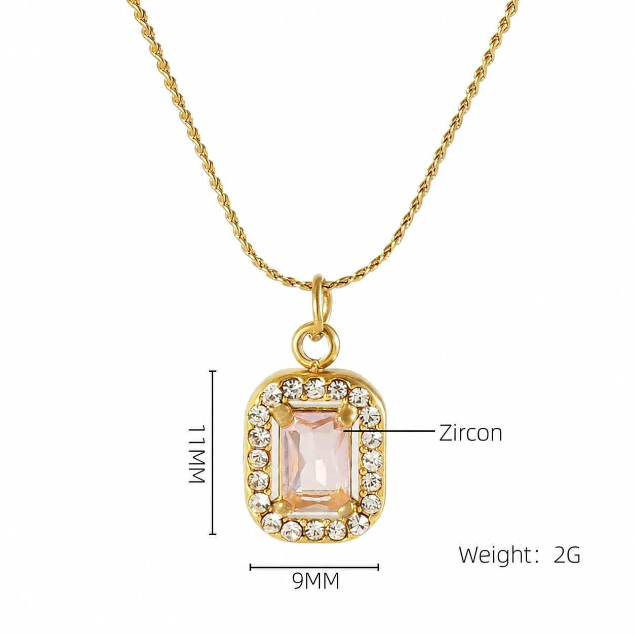Refined 18K Gold PVD CZ Halo Charm Pendant Necklace - Gold Square Pink CZ