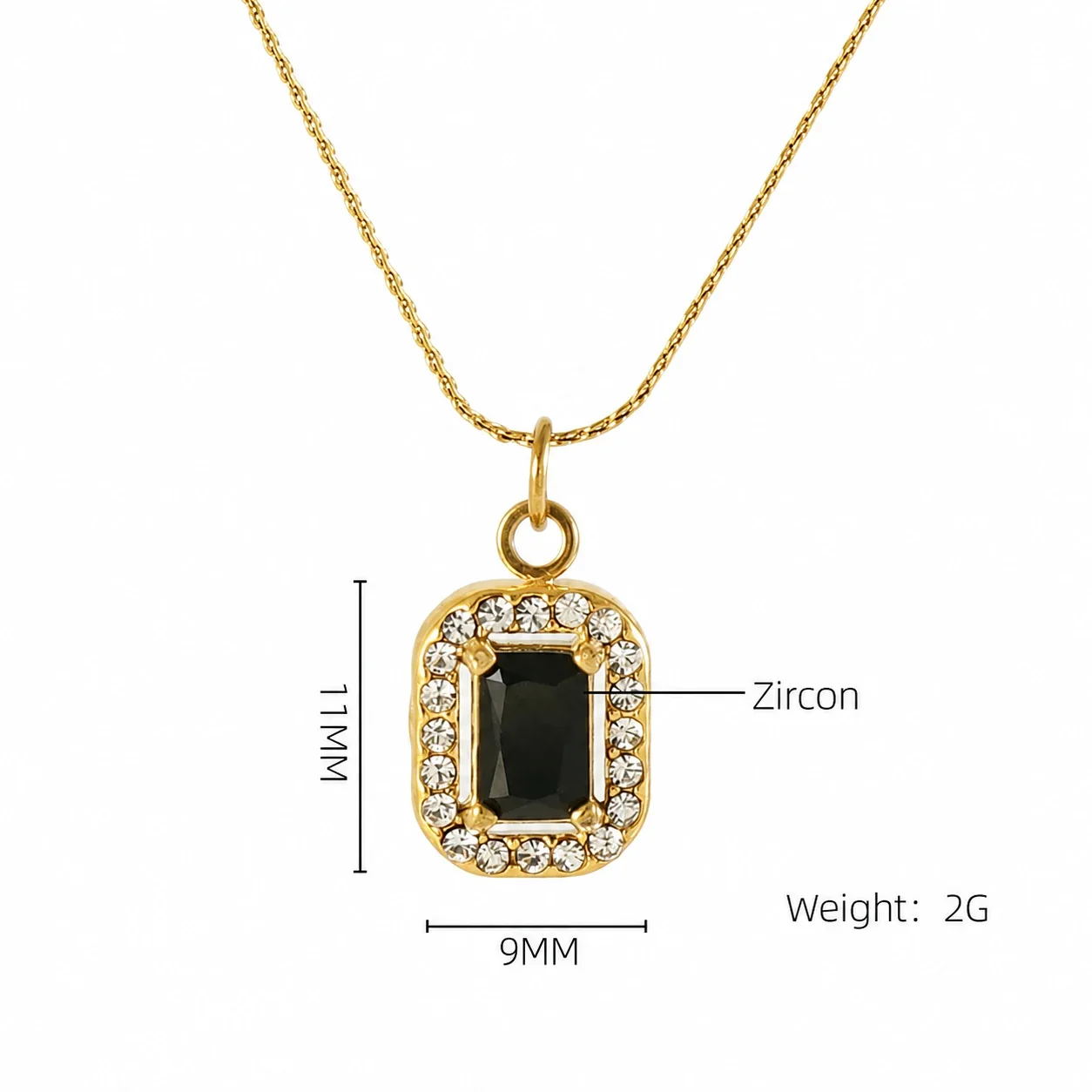 Refined 18K Gold PVD CZ Halo Charm Pendant Necklace - Gold Square Black CZ