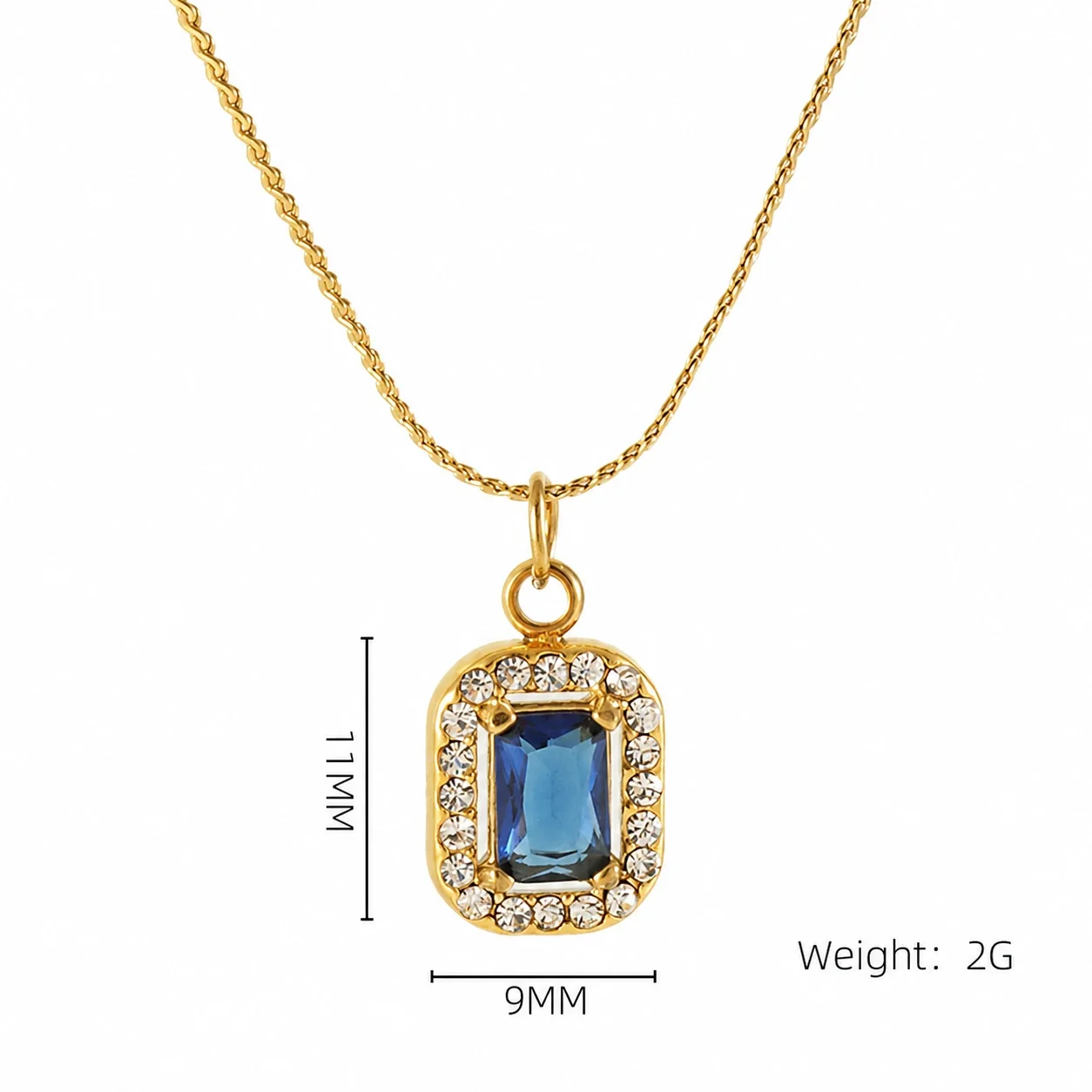 Refined 18K Gold PVD CZ Halo Charm Pendant Necklace - Gold Square Blue CZ