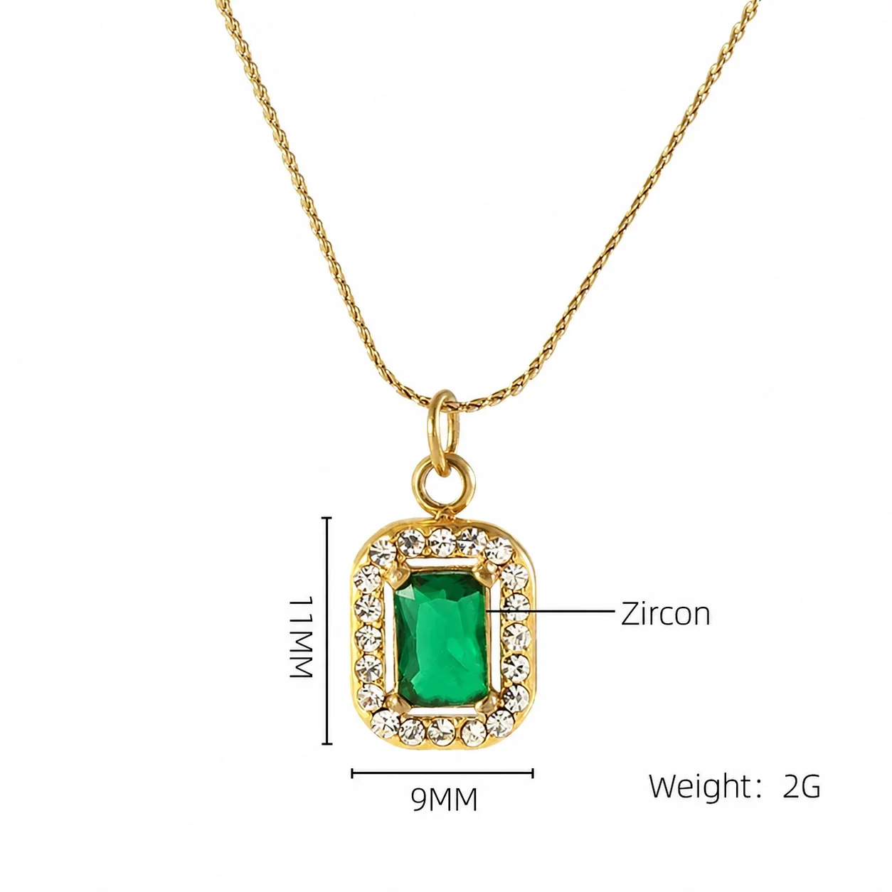 Refined 18K Gold PVD CZ Halo Charm Pendant Necklace - Gold Square Green CZ
