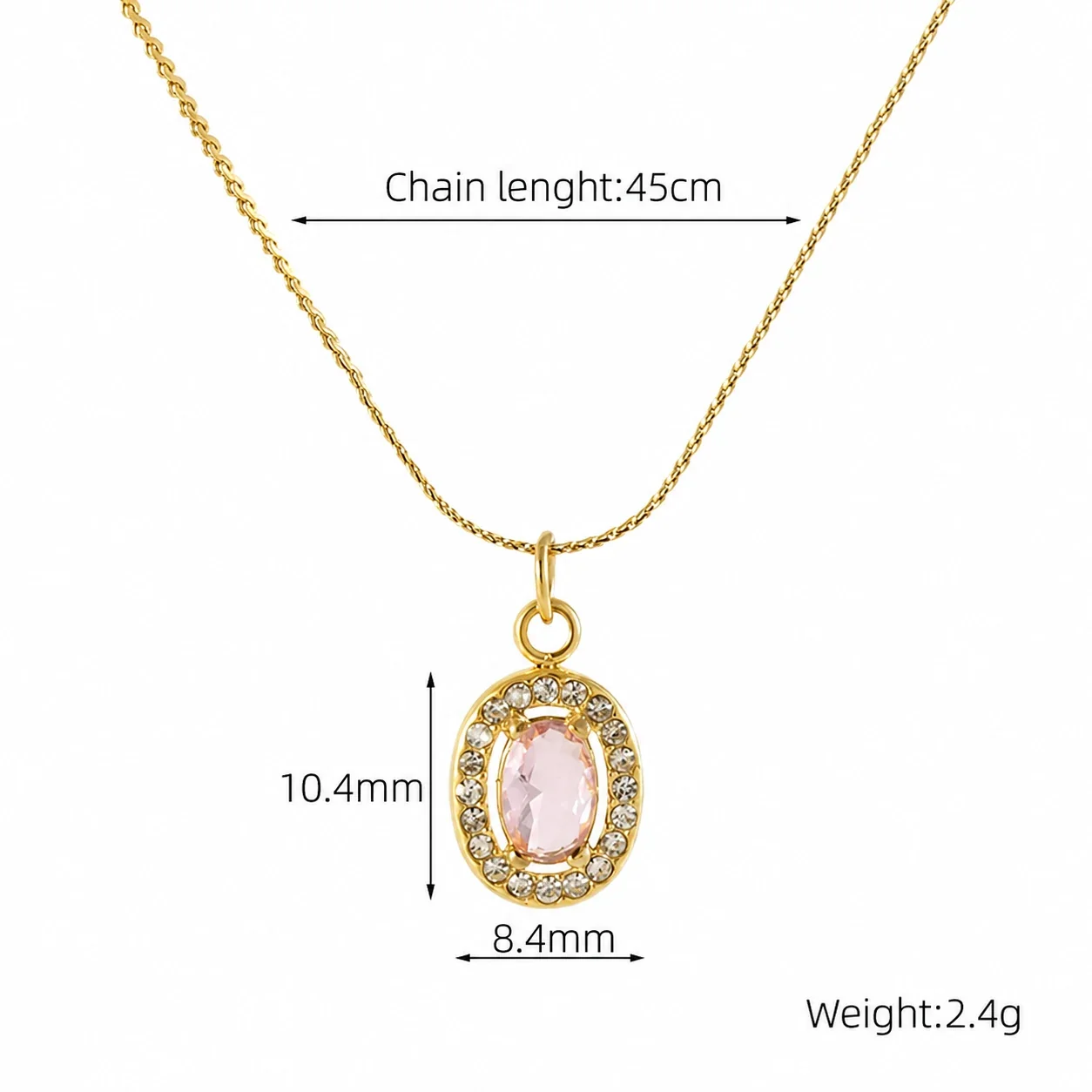 Refined 18K Gold PVD CZ Halo Charm Pendant Necklace - Gold Oval Pink CZ