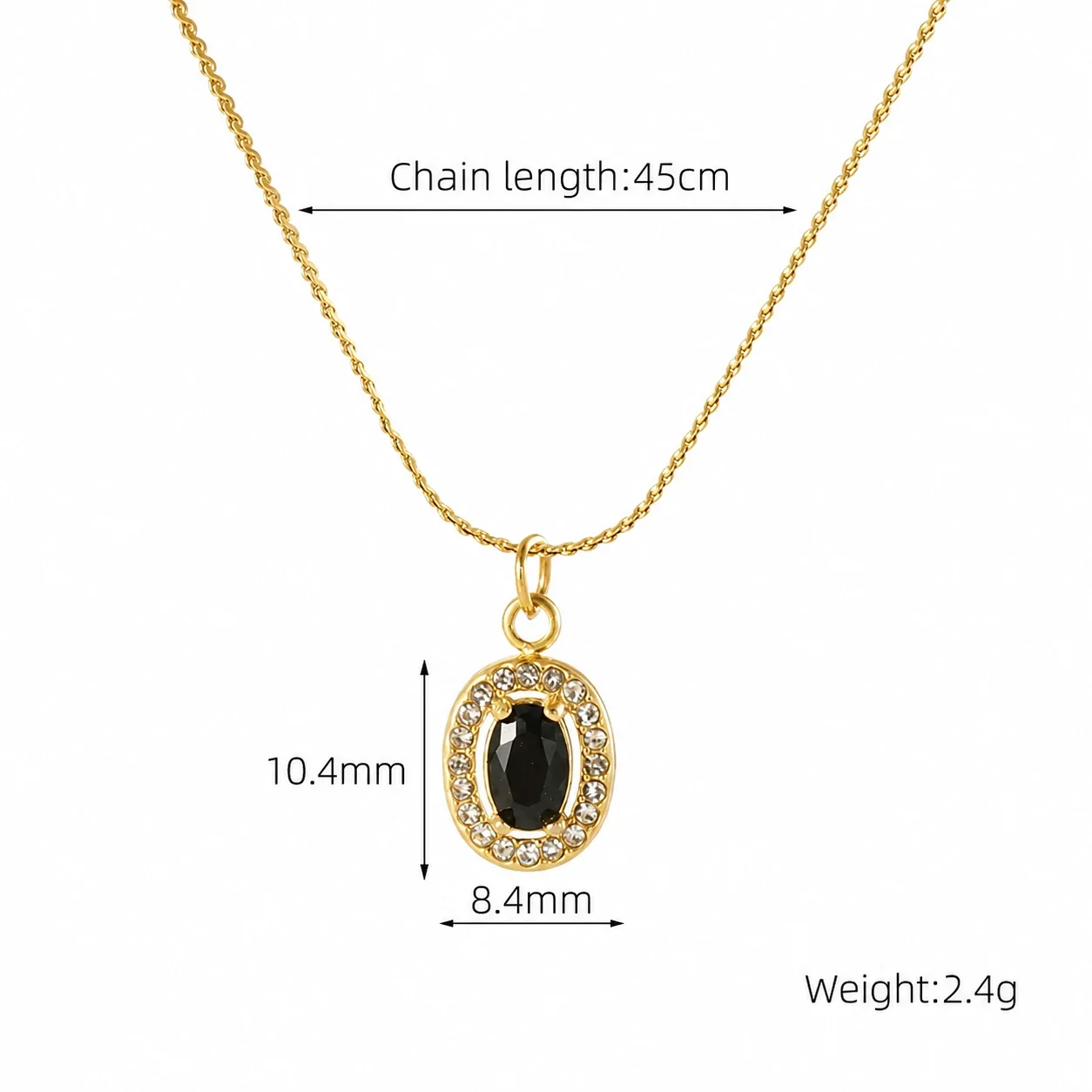 Refined 18K Gold PVD CZ Halo Charm Pendant Necklace - Gold Oval Black CZ