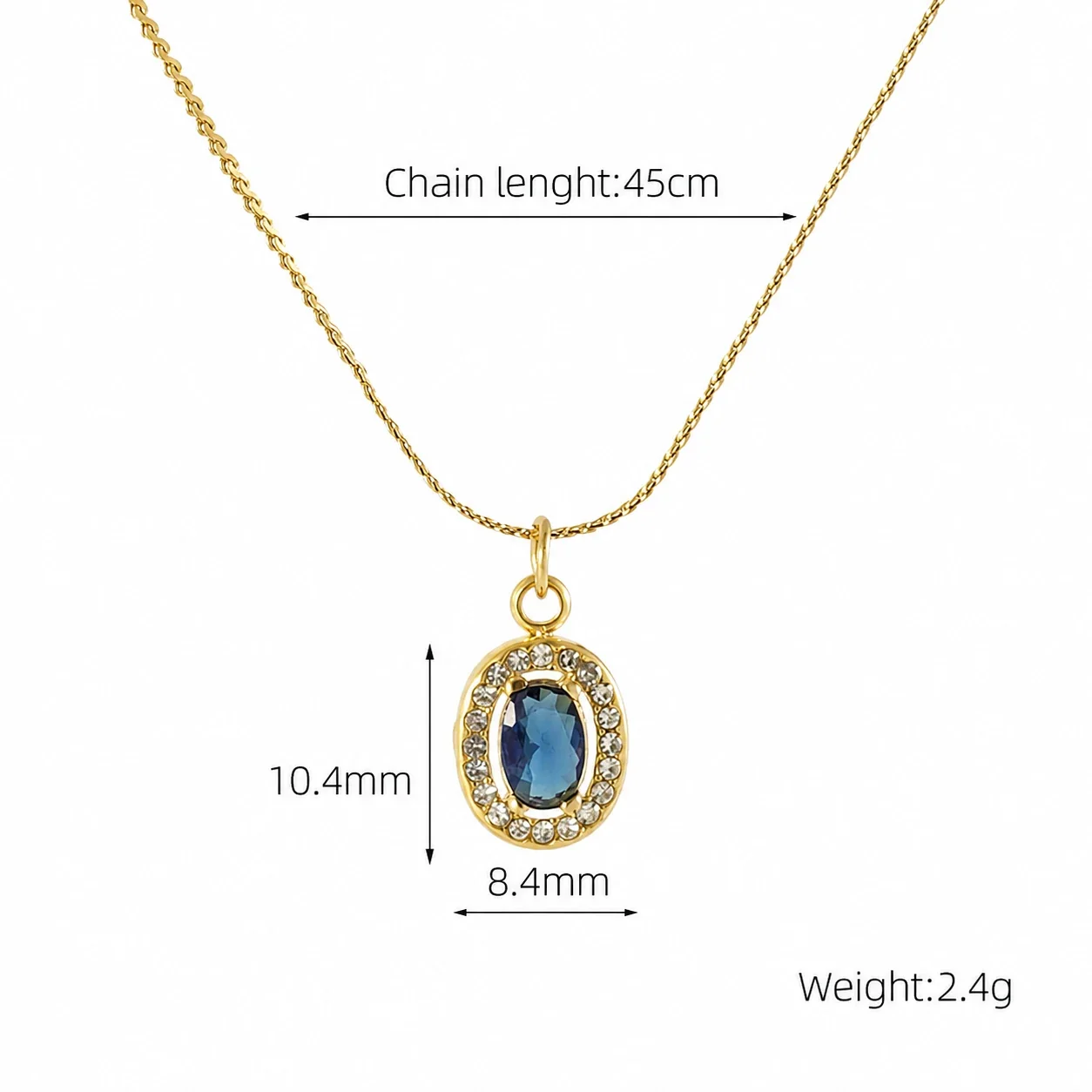 Refined 18K Gold PVD CZ Halo Charm Pendant Necklace - Gold Oval Blue CZ