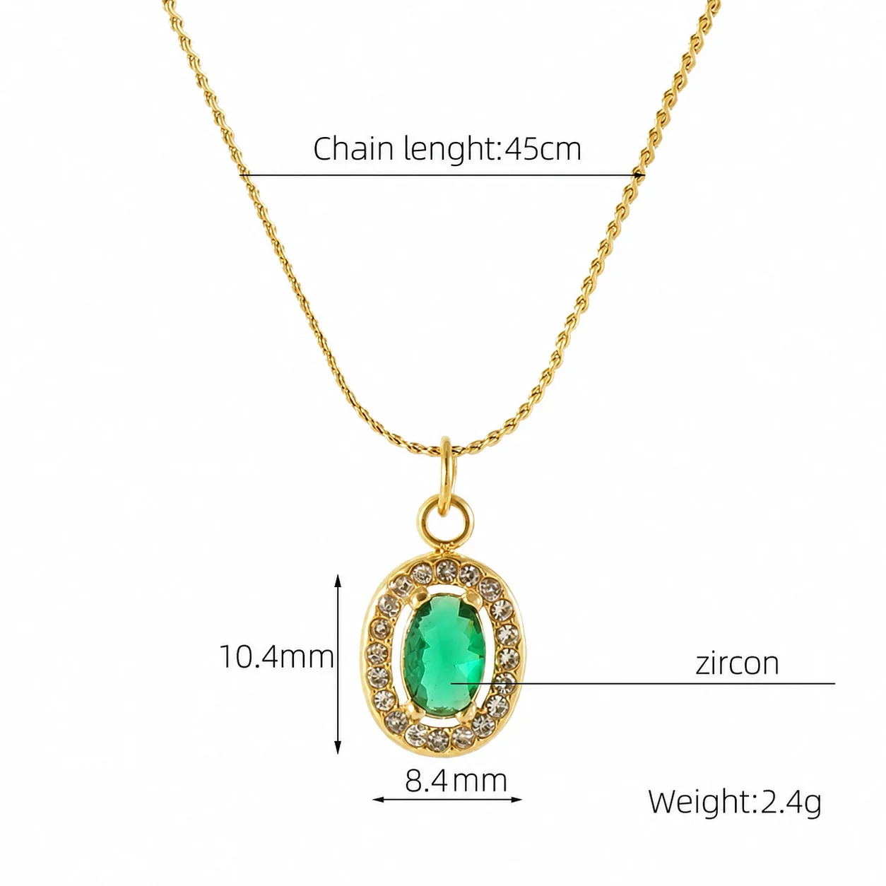 Refined 18K Gold PVD CZ Halo Charm Pendant Necklace - Gold Oval Green CZ