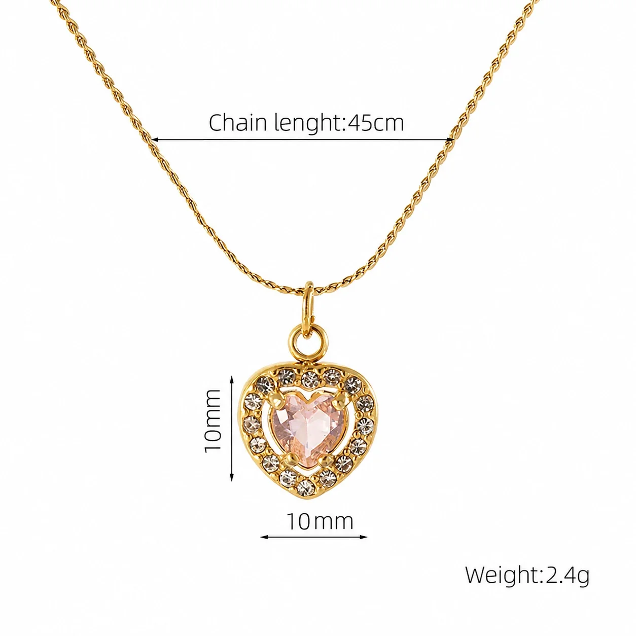 Refined 18K Gold PVD CZ Halo Charm Pendant Necklace - Gold Heart Pink CZ
