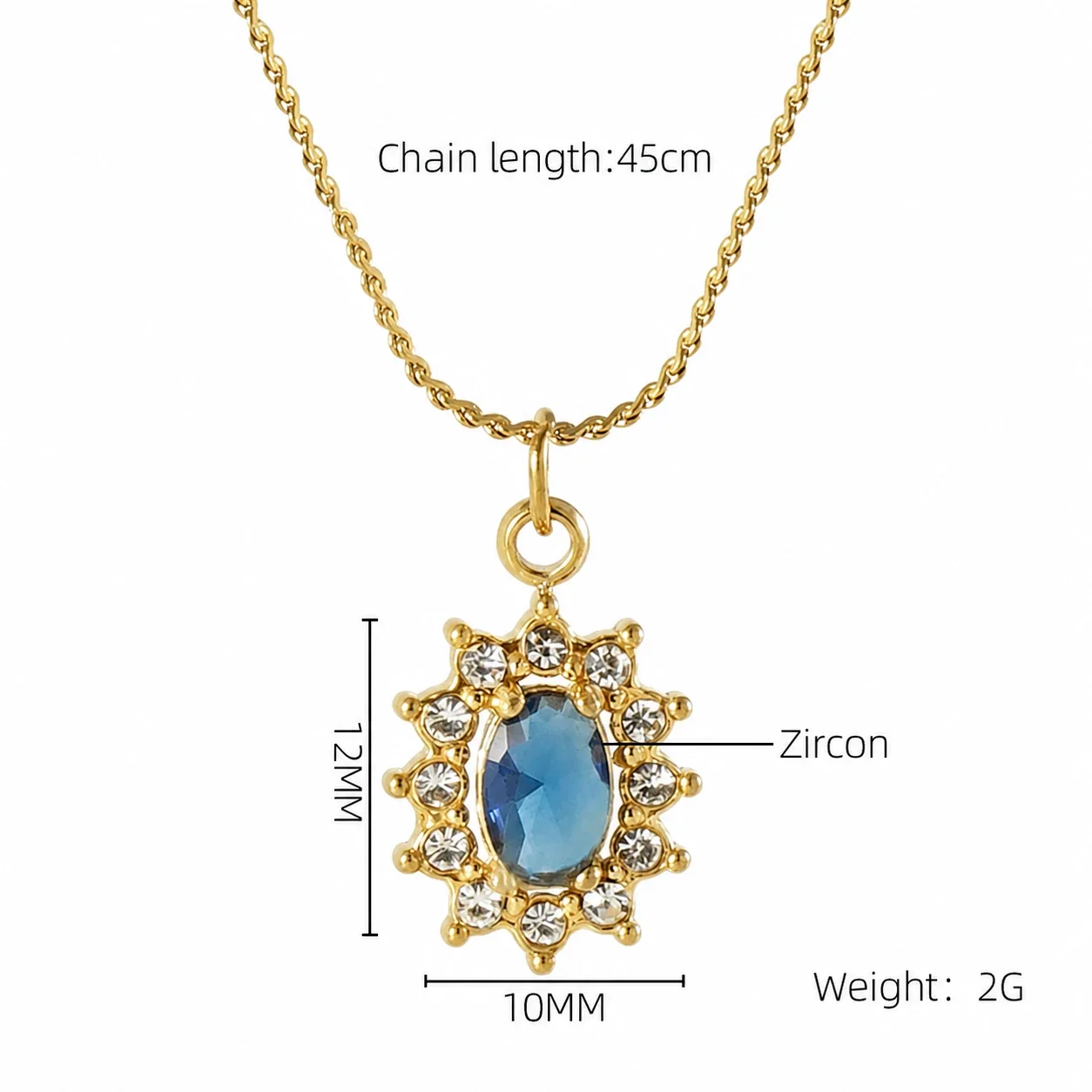 Refined 18K Gold PVD CZ Halo Charm Pendant Necklace - Gold Sunflower Blue CZ