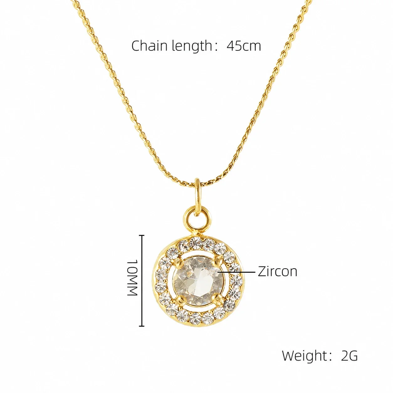 Refined 18K Gold PVD CZ Halo Charm Pendant Necklace - Gold Round Clear CZ