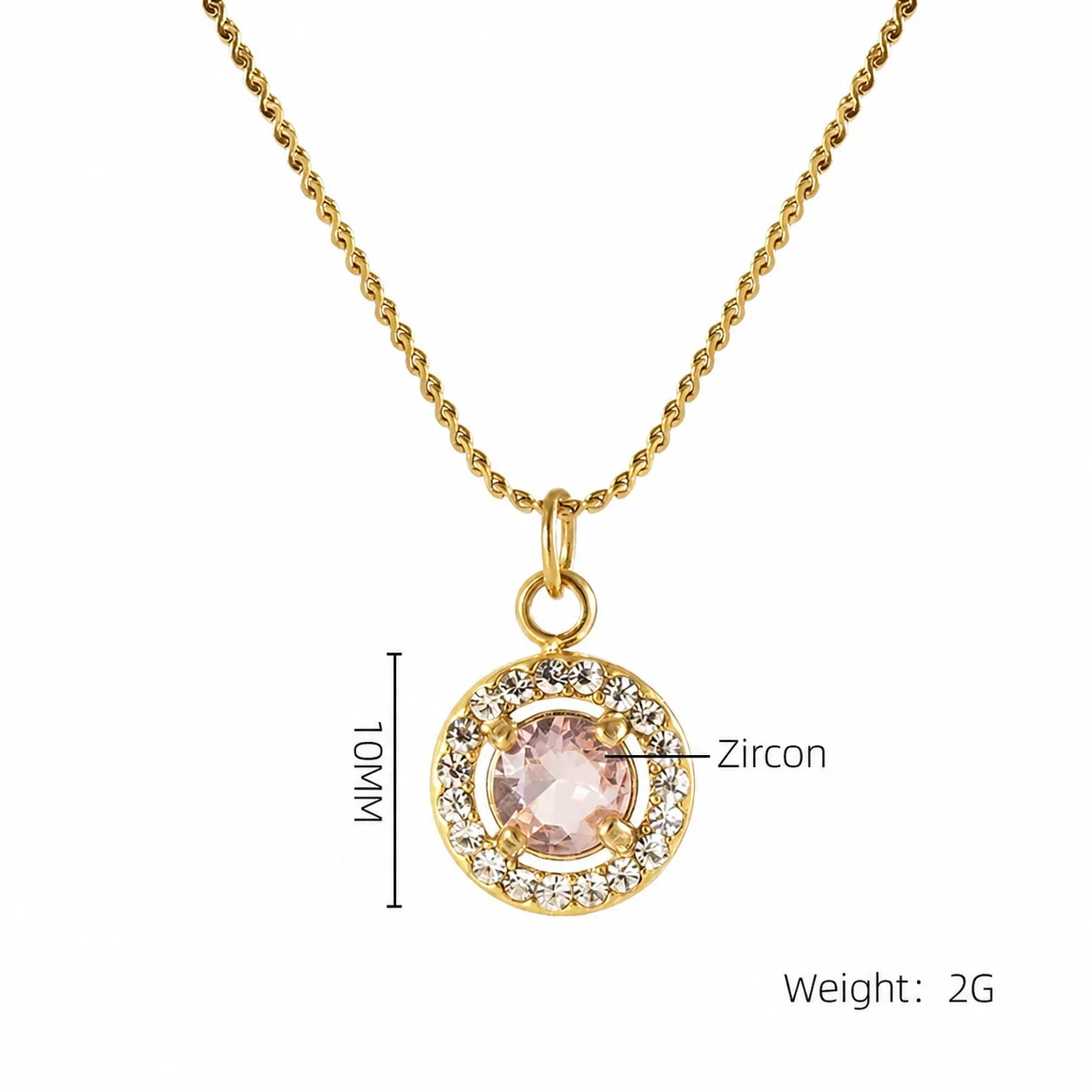 Refined 18K Gold PVD CZ Halo Charm Pendant Necklace - Gold Round Pink CZ