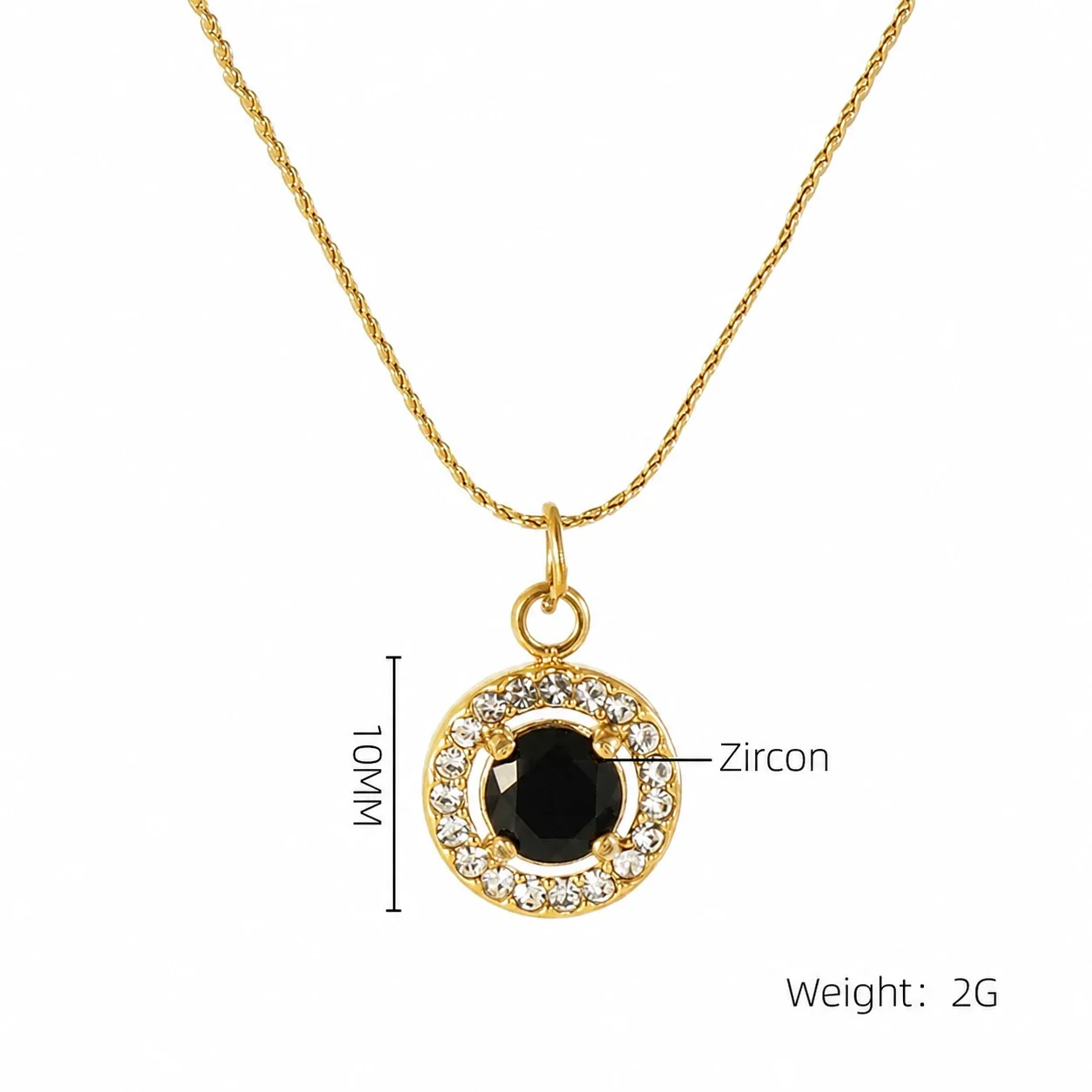 Refined 18K Gold PVD CZ Halo Charm Pendant Necklace - Gold Round Black CZ