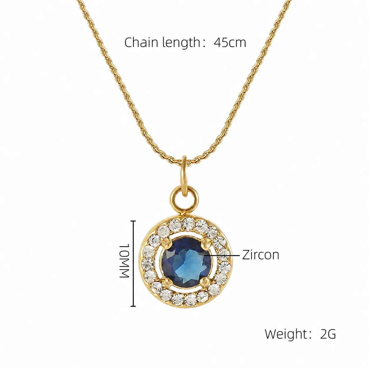 Refined 18K Gold PVD CZ Halo Charm Pendant Necklace - Gold Round Blue CZ