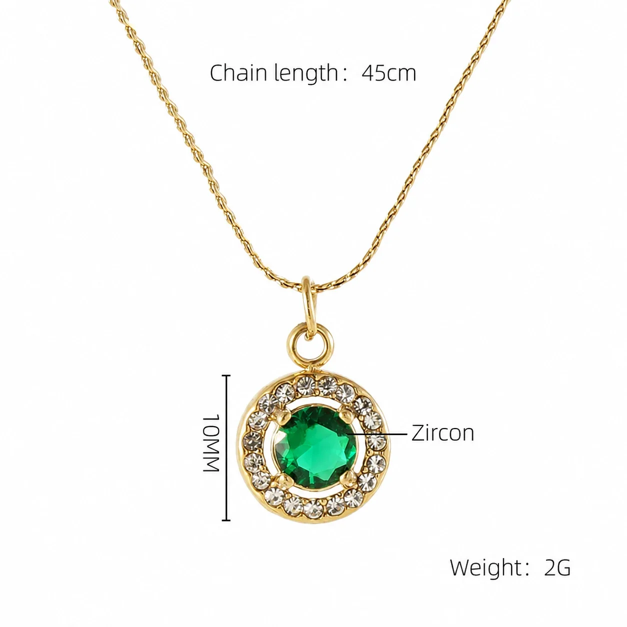 Refined 18K Gold PVD CZ Halo Charm Pendant Necklace - Gold Round Green CZ