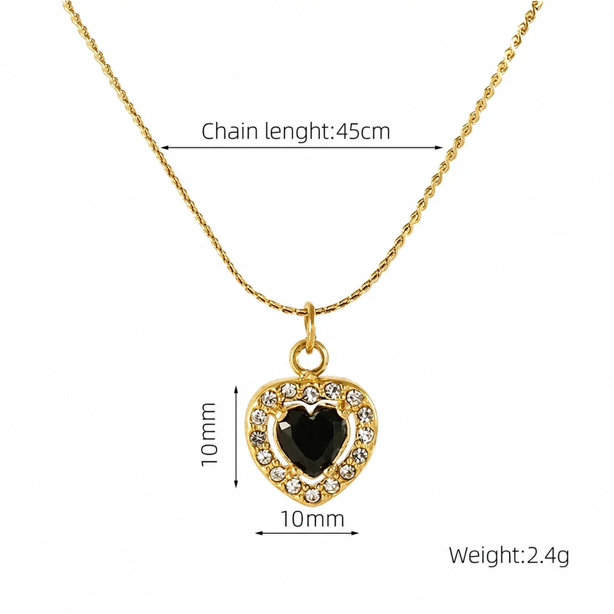 Refined 18K Gold PVD CZ Halo Charm Pendant Necklace - Gold Heart Black CZ
