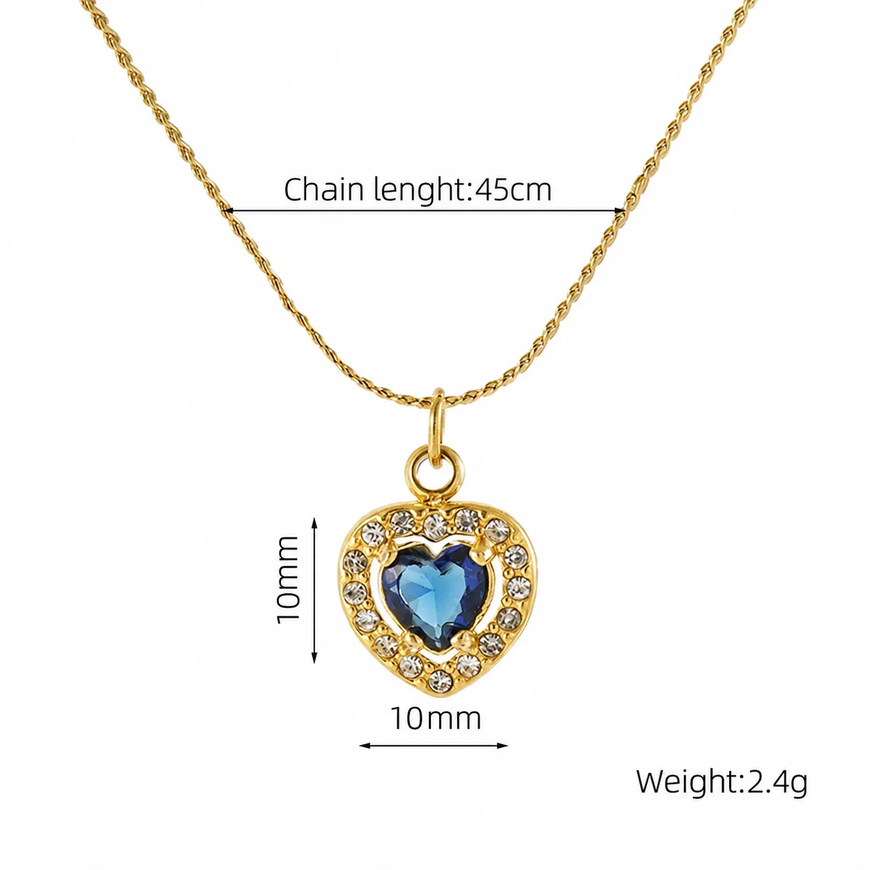 Refined 18K Gold PVD CZ Halo Charm Pendant Necklace - Gold Heart Blue CZ