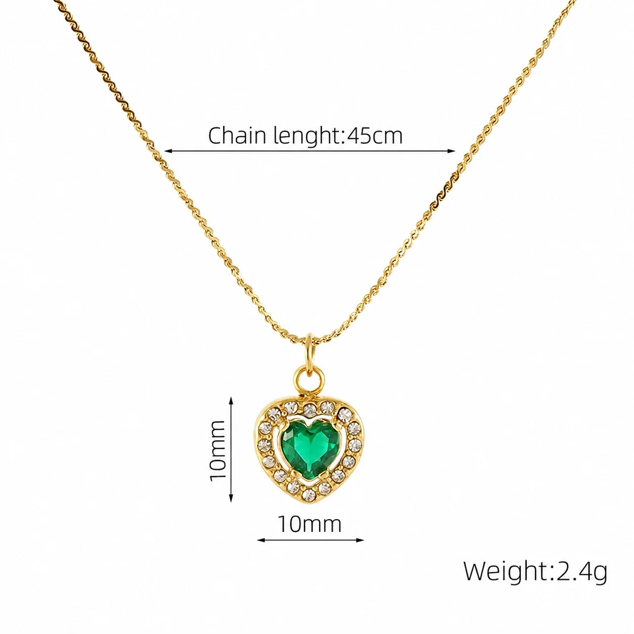 Refined 18K Gold PVD CZ Halo Charm Pendant Necklace - Gold Heart Green CZ