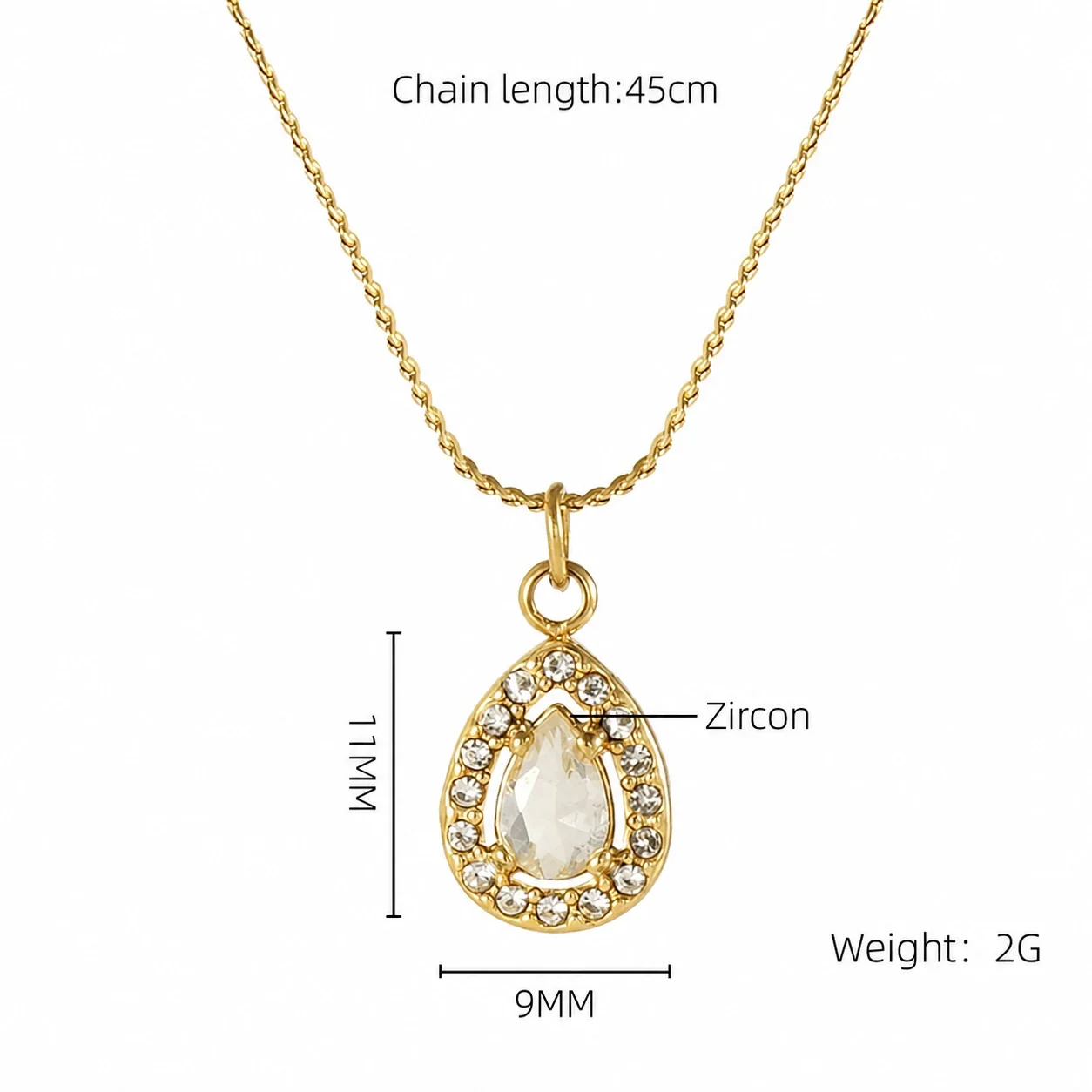 Refined 18K Gold PVD CZ Halo Charm Pendant Necklace - Gold Teardrop Clear CZ