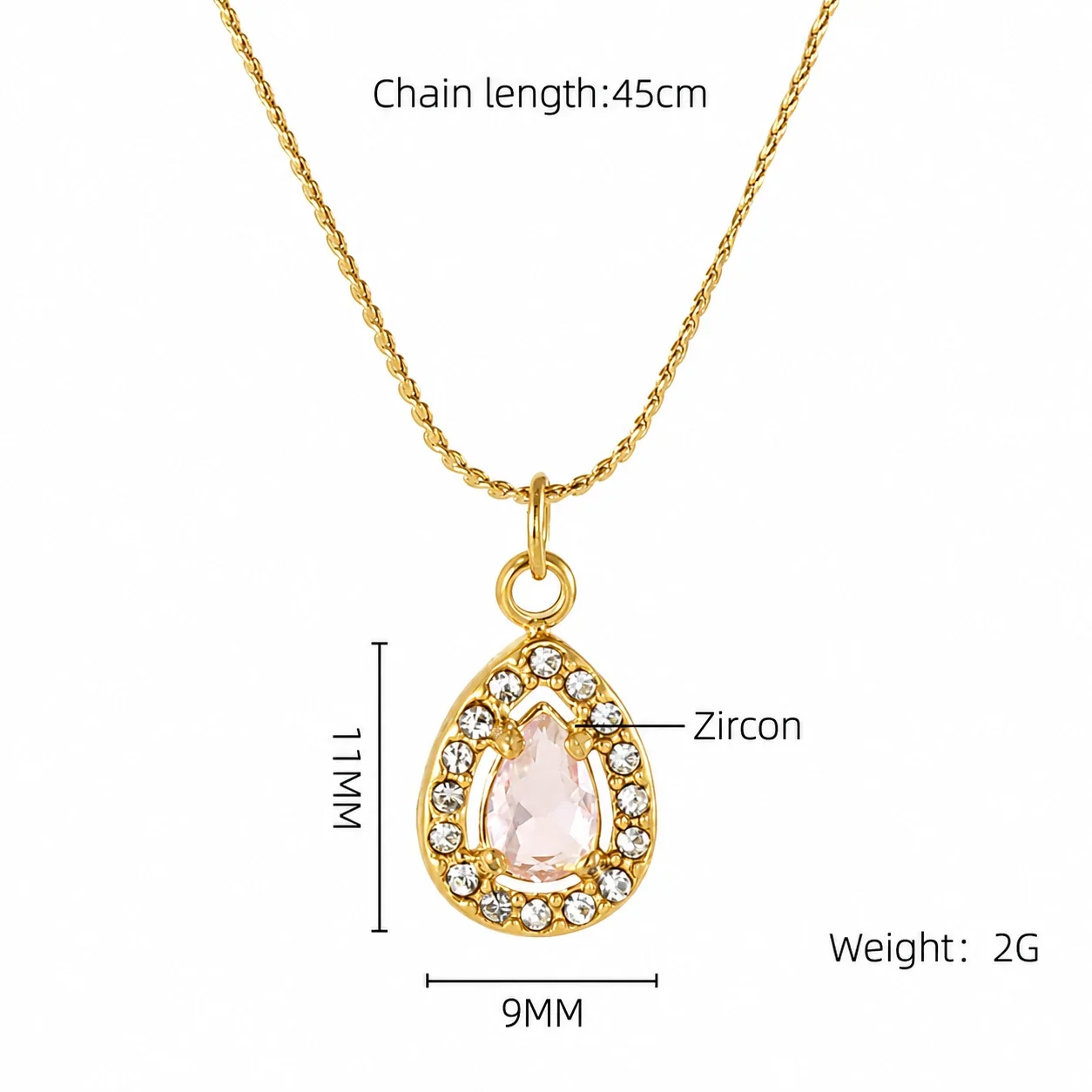 Refined 18K Gold PVD CZ Halo Charm Pendant Necklace - Gold Teardrop Pink CZ