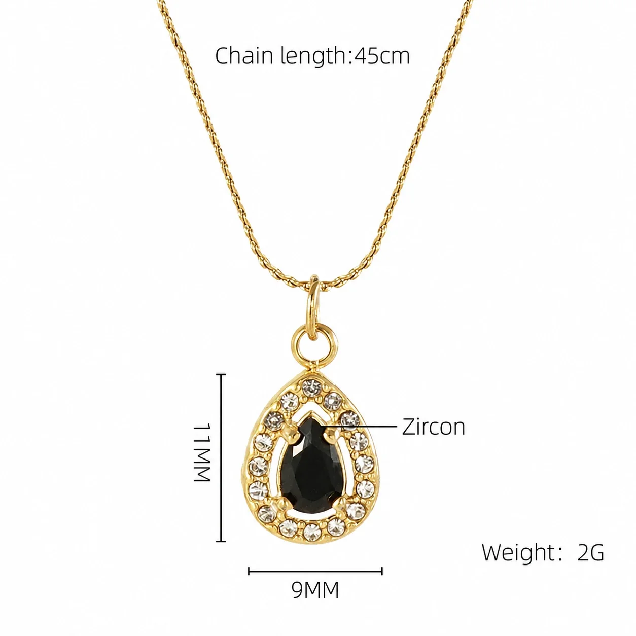 Refined 18K Gold PVD CZ Halo Charm Pendant Necklace - Gold Teardrop Black CZ