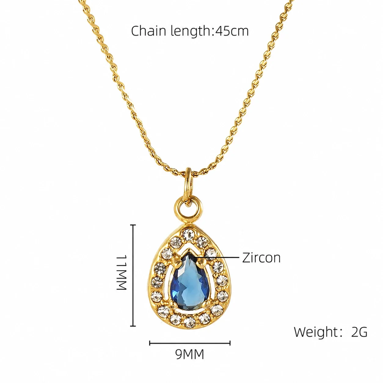 Refined 18K Gold PVD CZ Halo Charm Pendant Necklace - Gold Teardrop Blue CZ