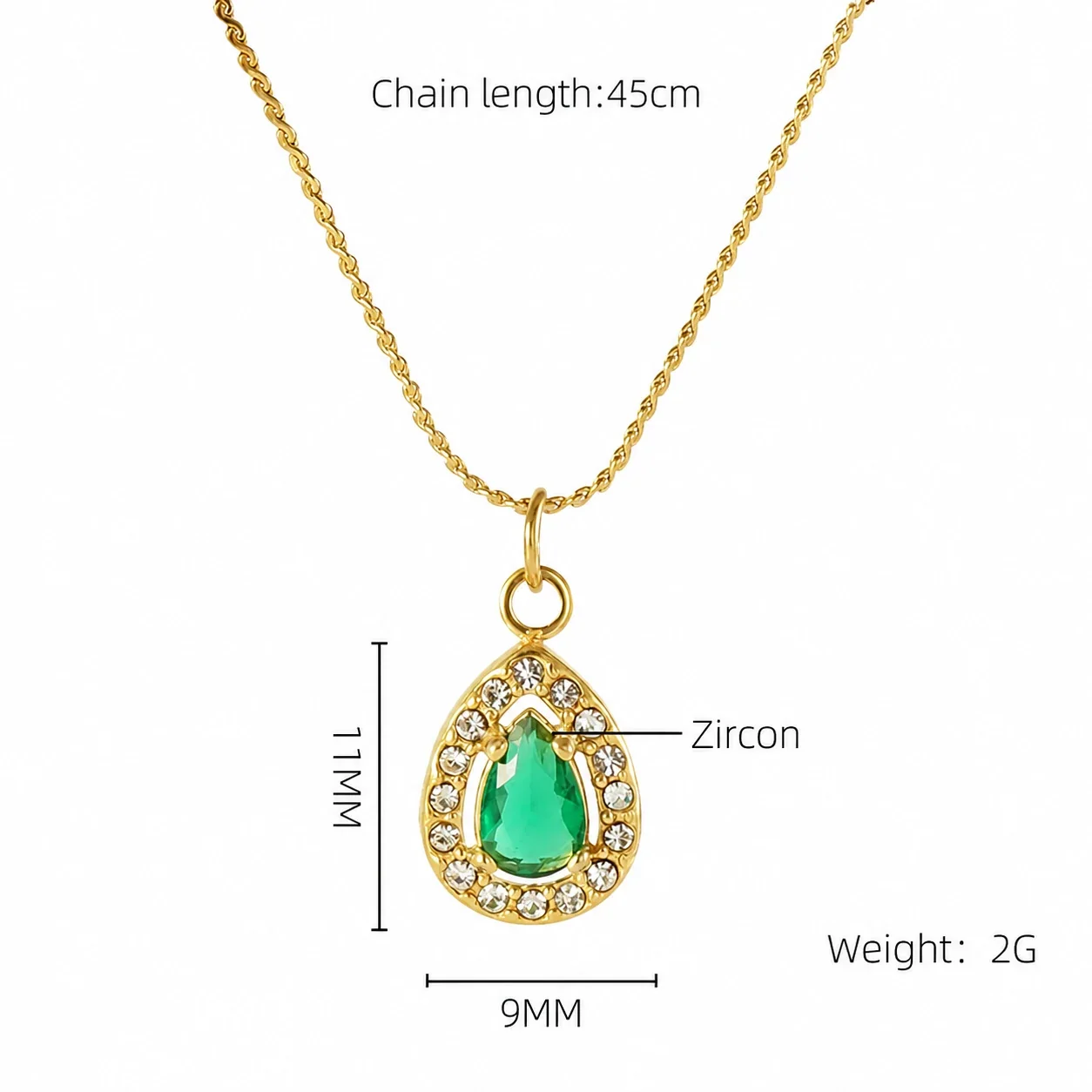 Refined 18K Gold PVD CZ Halo Charm Pendant Necklace - Gold Teardrop Green CZ