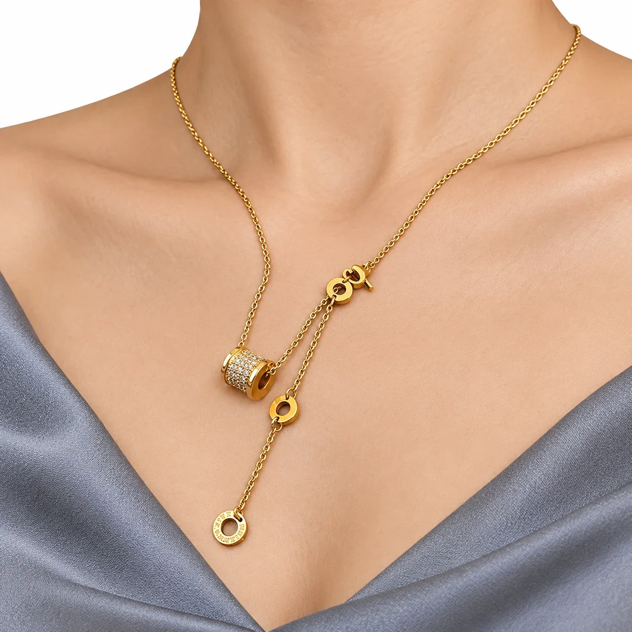 Y-Drop Necklace with Crystal Barrel Ring Charms, Stainless Steel