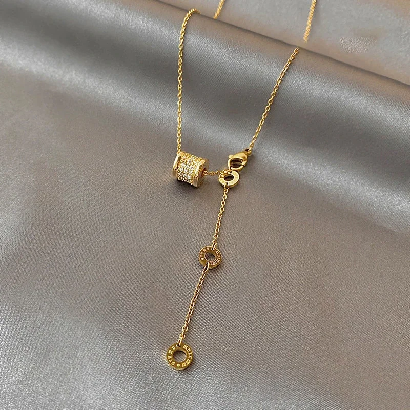 Y-Drop Necklace with Crystal Barrel Ring Charms, Stainless Steel